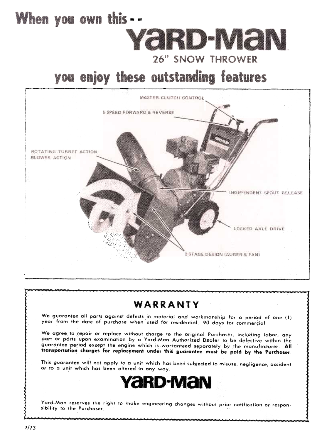 Yard-Man 7100-2 manual Warranty, 7/73 