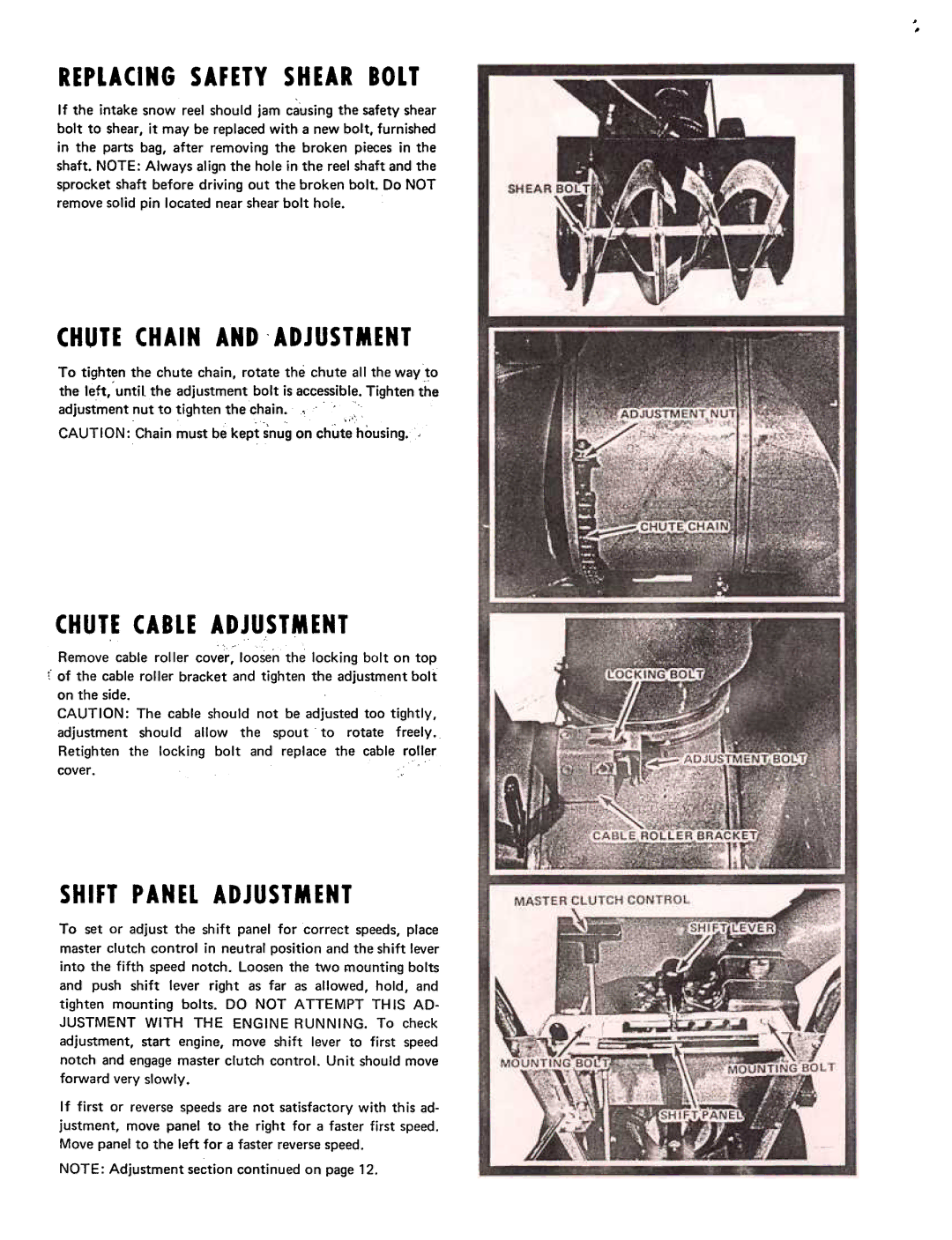 Yard-Man 7200-0 Replacing Safety Shear Bolt, Chute Chain AND-ADJUSTMENT, Shift Panel Adjustment, Chute Cable Adjustment 