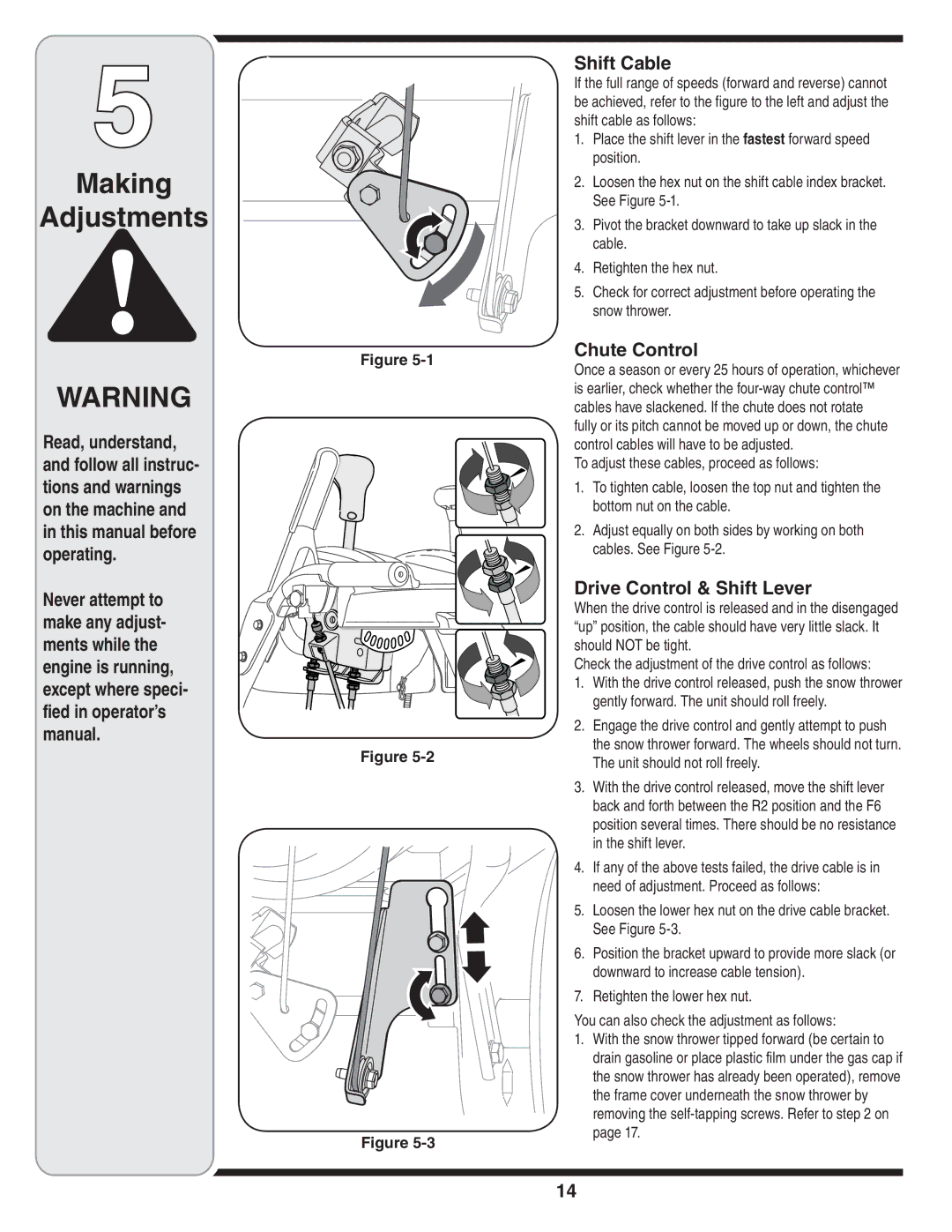 Yard-Man 769-03245 warranty Making Adjustments, Shift Cable, Chute Control, Drive Control & Shift Lever 