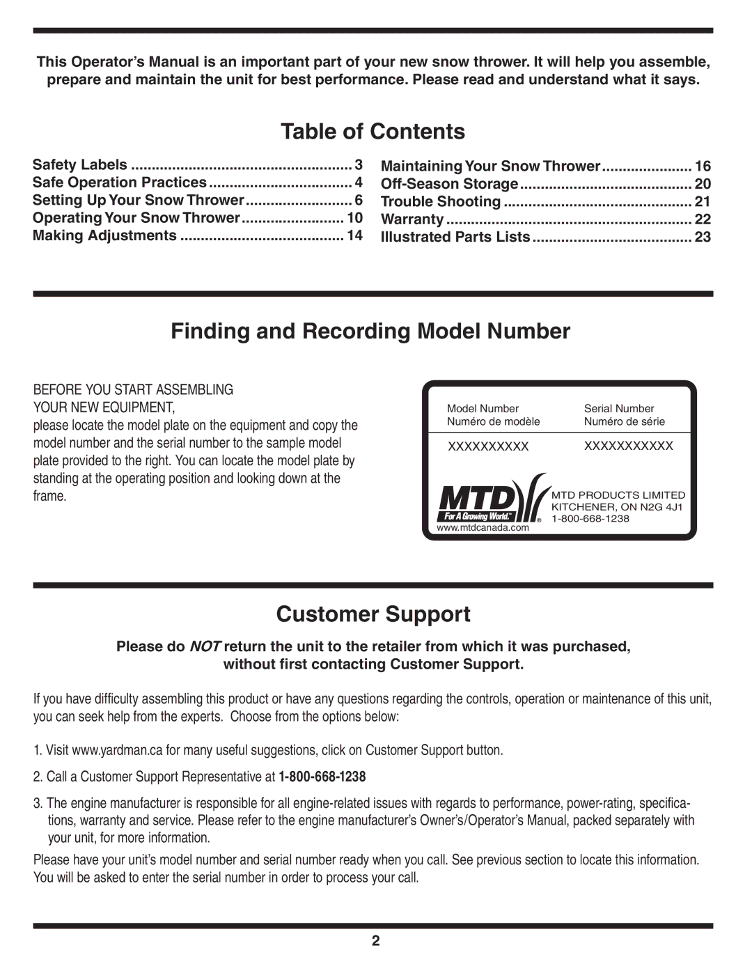 Yard-Man 769-03245 warranty Table of Contents, Finding and Recording Model Number, Customer Support 