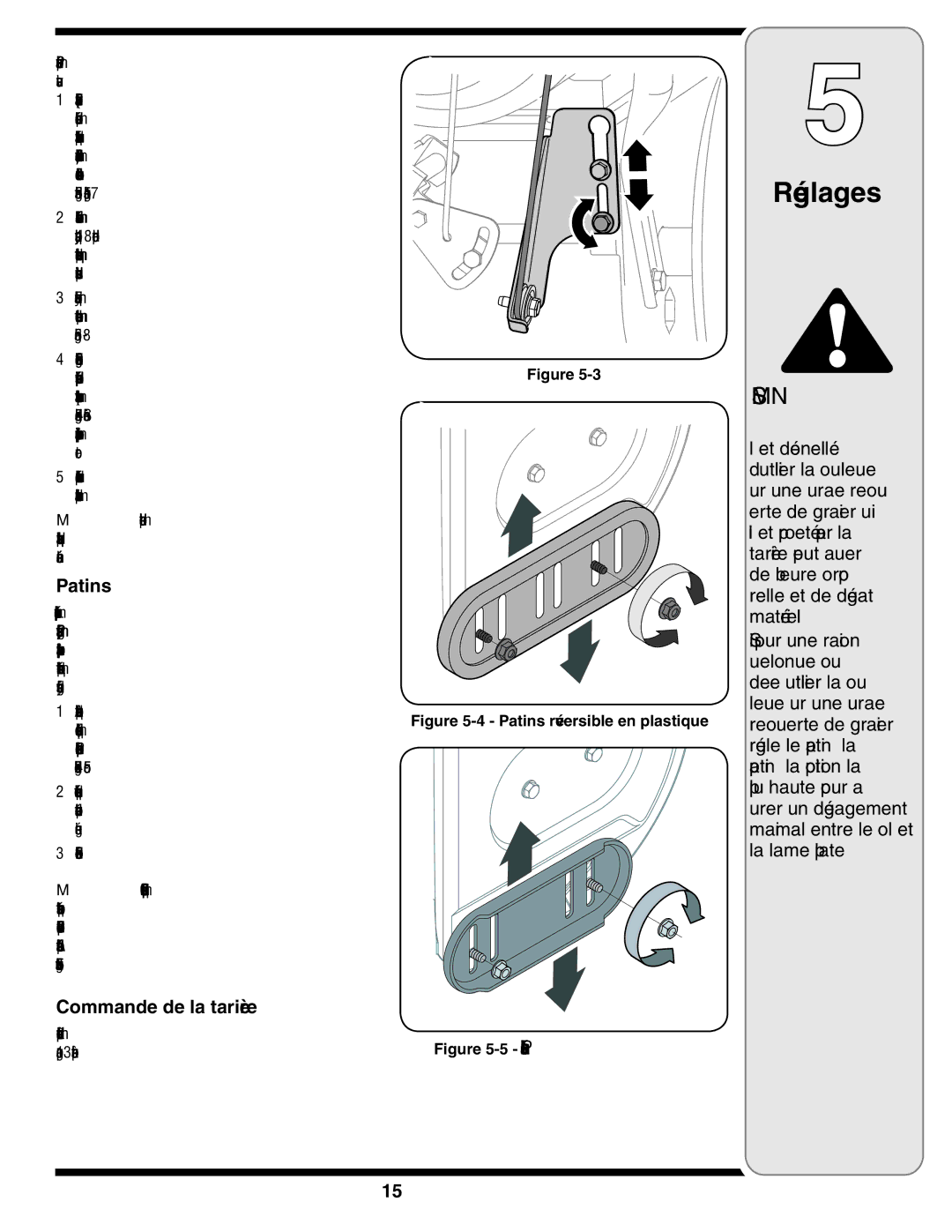 Yard-Man 769-03245 warranty Réglages, Tarière la de Commande, Plastique en réversible Patins 4-5 Figure 