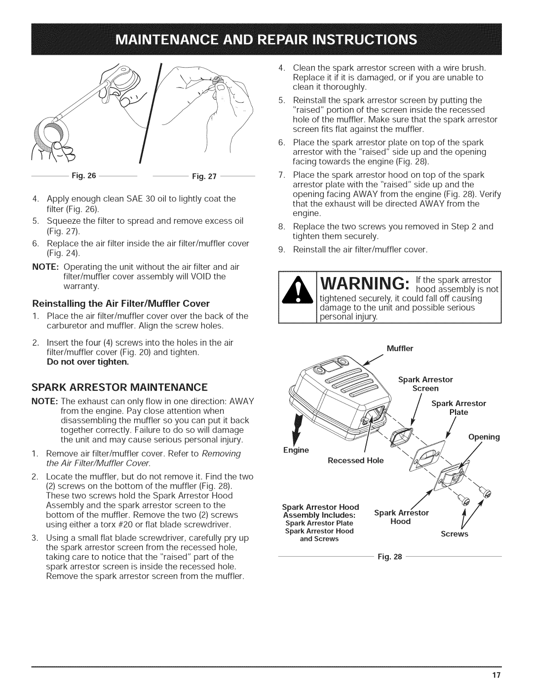 Yard-Man 769.01408 manual Spark Arrestor Maintenance, Wair, Rrestor 