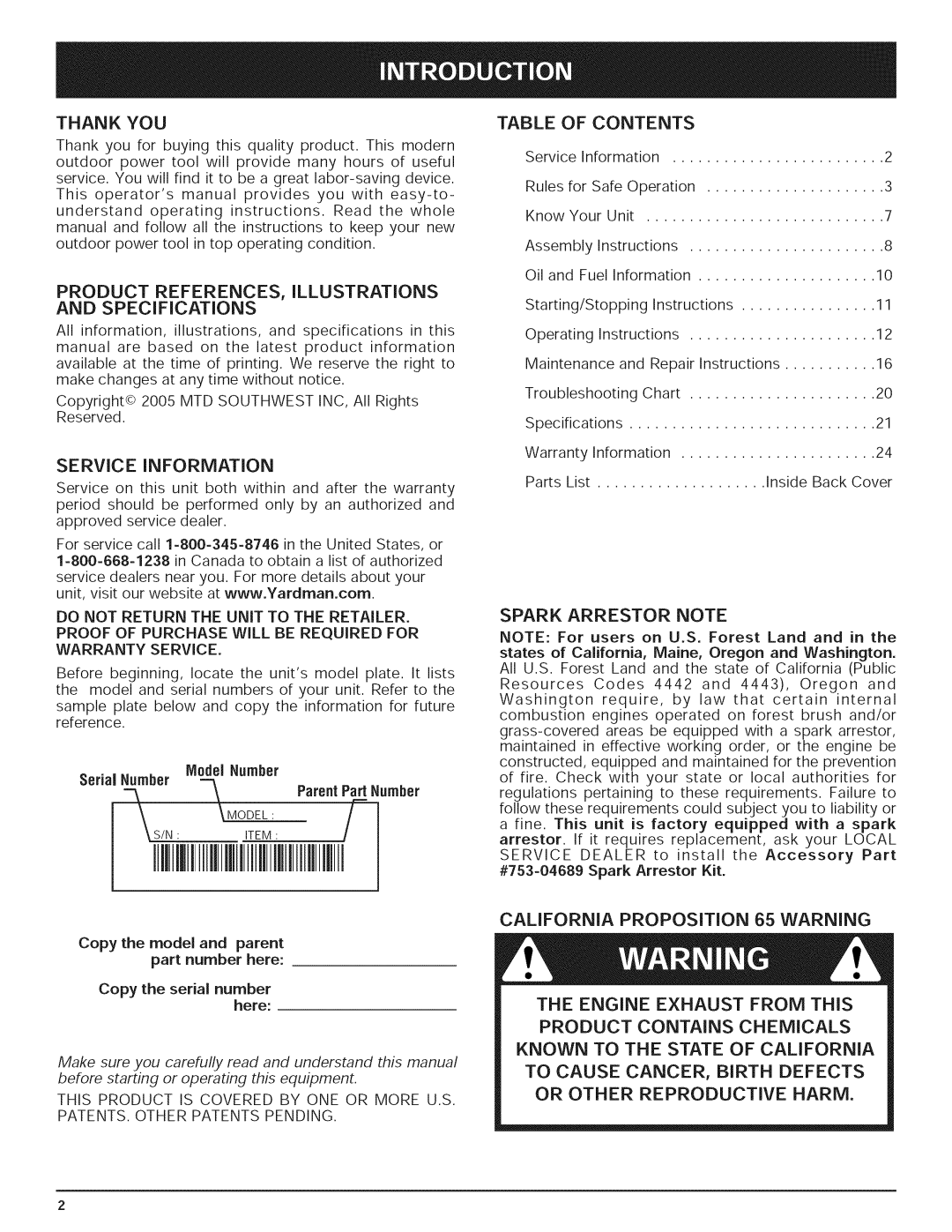 Yard-Man 769.01408 manual Product REFERENCES, Illustrations and Specifications, Service Information, Contents 