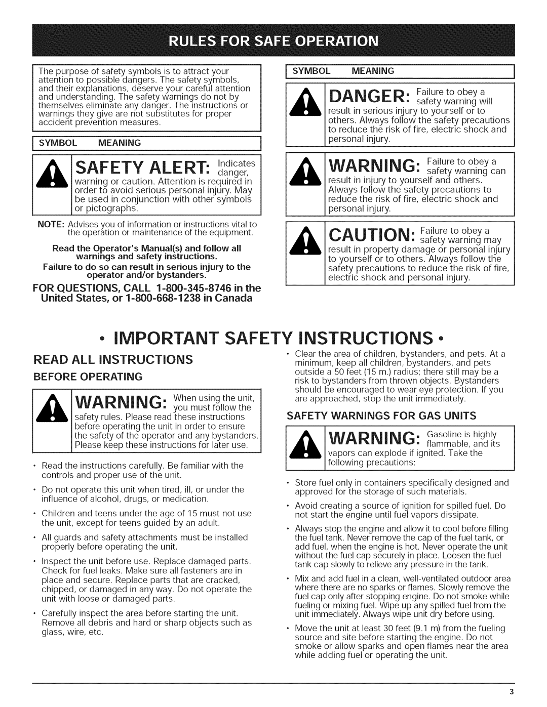 Yard-Man 769.01408 manual Safety ALERT. danger, Safety Warnings for GAS Units, Symbol Meaning 