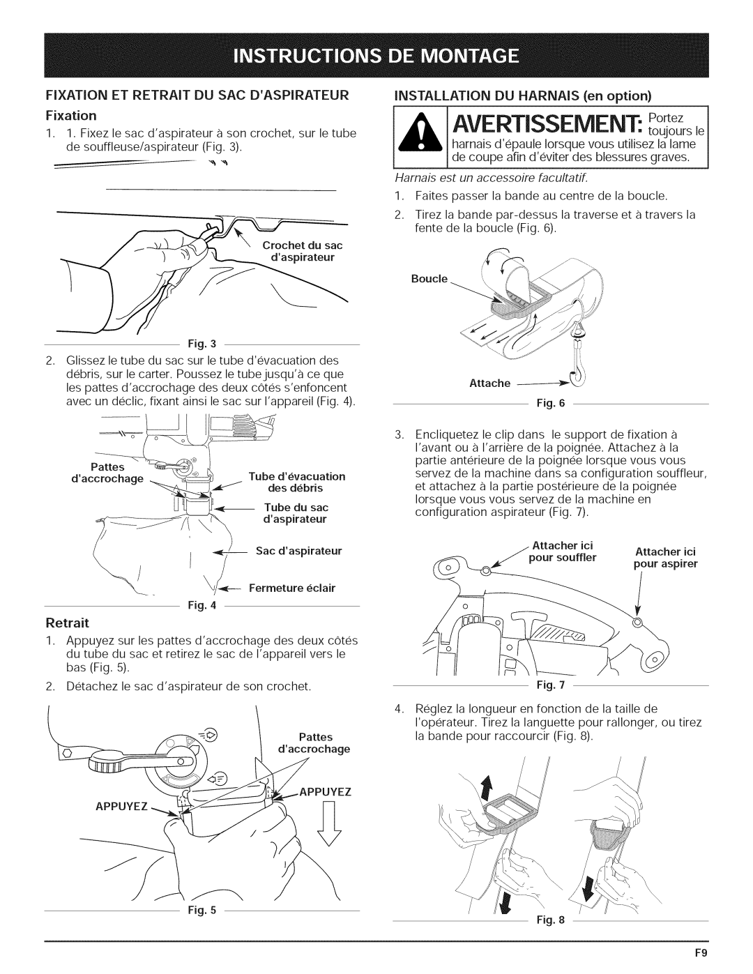 Yard-Man 769.01408 manual AVERTiSSEMENT toujoursle, Harnais est un accessoire facultatif 