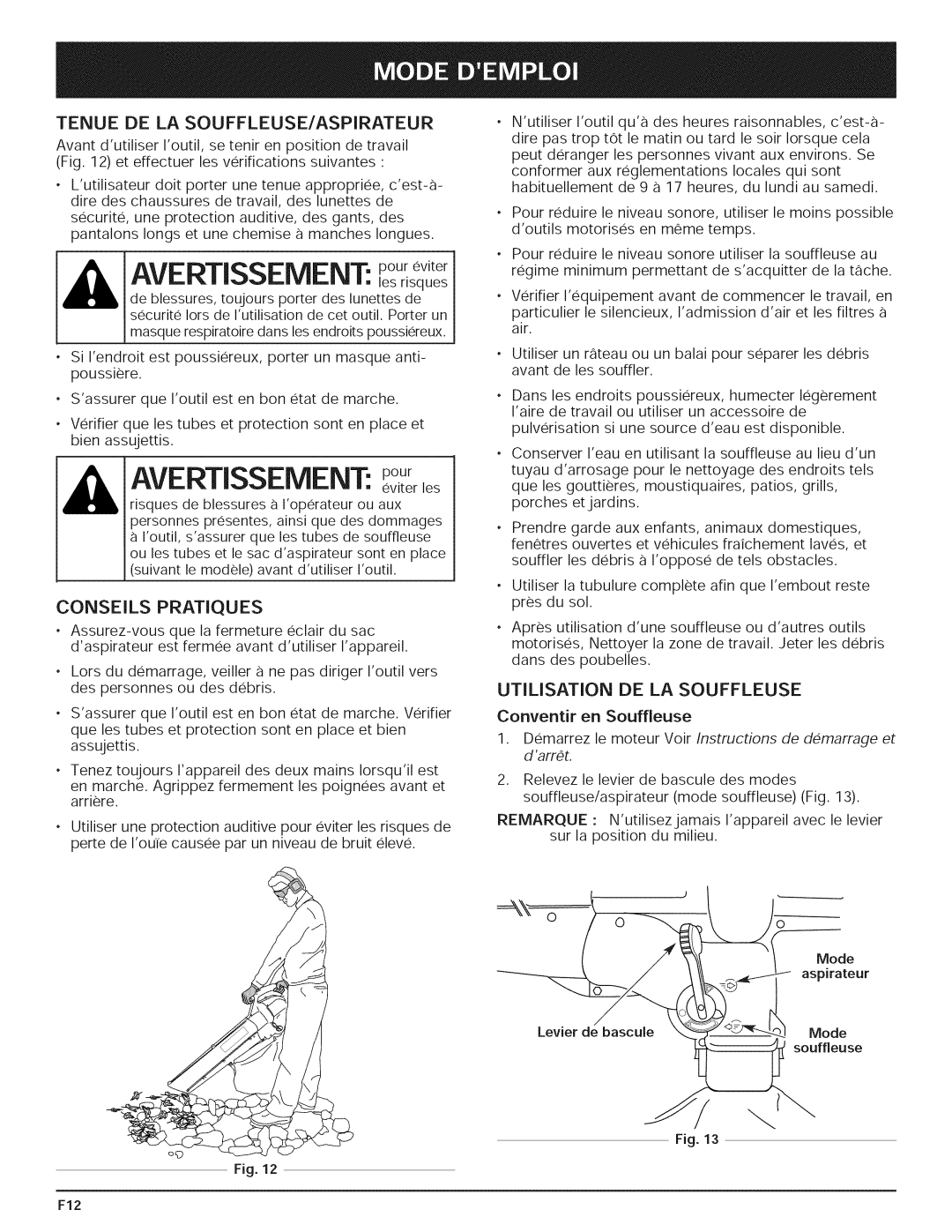 Yard-Man 769.01408 manual Avertissement pour, Utilisation DE LA Souffleuse 