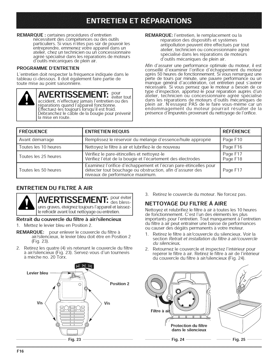 Yard-Man 769.01408 manual Avertissement poureviter, Nettoyage DU Filtre a Aire, Programme Dentretien, Entretien Requis 