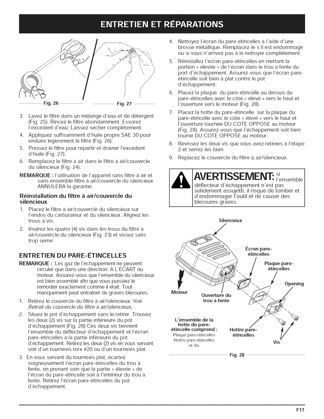 Yard-Man 769.01408 manual AVERTISSEMENTsi, Entretien DU PARE-iTINCELLES 