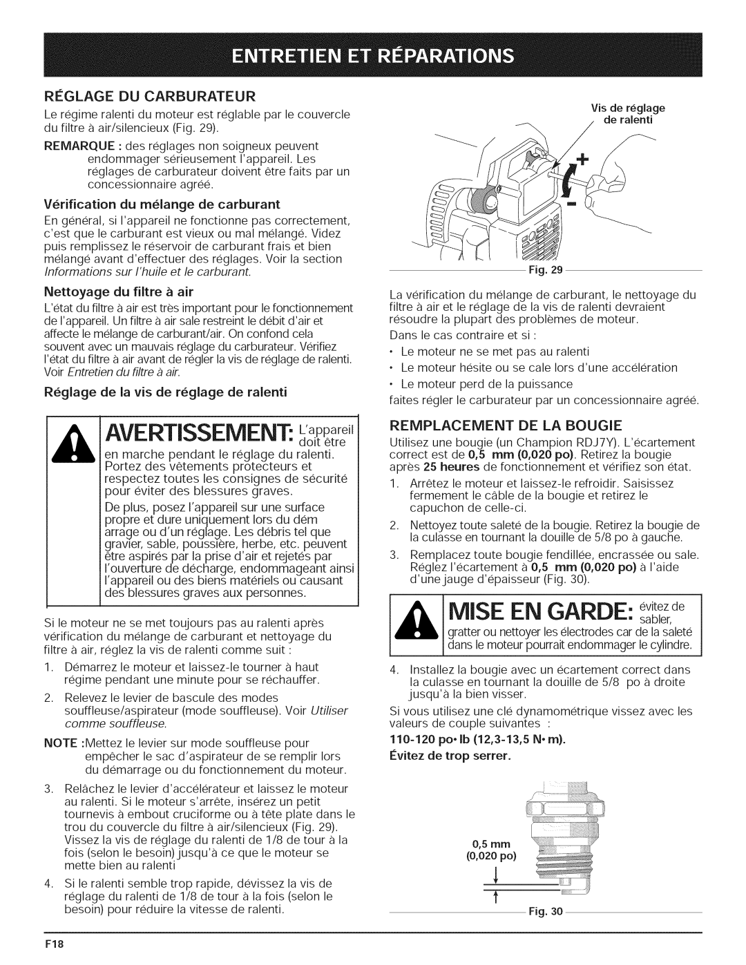 Yard-Man 769.01408 manual Avertissement Lappare, Mise EN Garde evitezde, Remplacement DE LA Bougie 