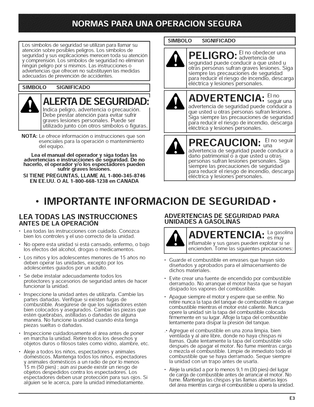 Yard-Man 769.01408 manual Advertencia elno, Precaucion el no seguir, Advertencia Lagaso,na, Peligro Elnoobedeceruna 