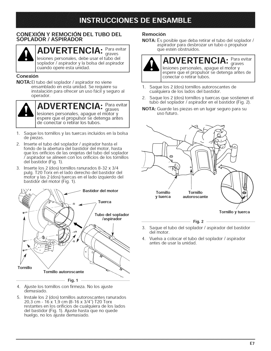 Yard-Man 769.01408 manual Advertencia Paraevitar, Conexion Remocion DEL Tubo DEL, Soplador Aspirador 