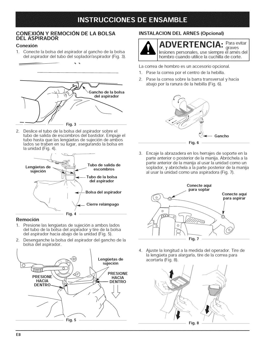 Yard-Man 769.01408 manual HeJ?? Scomb os, Conexion Y Remocion DE LA Bolsa DEL Aspirador 