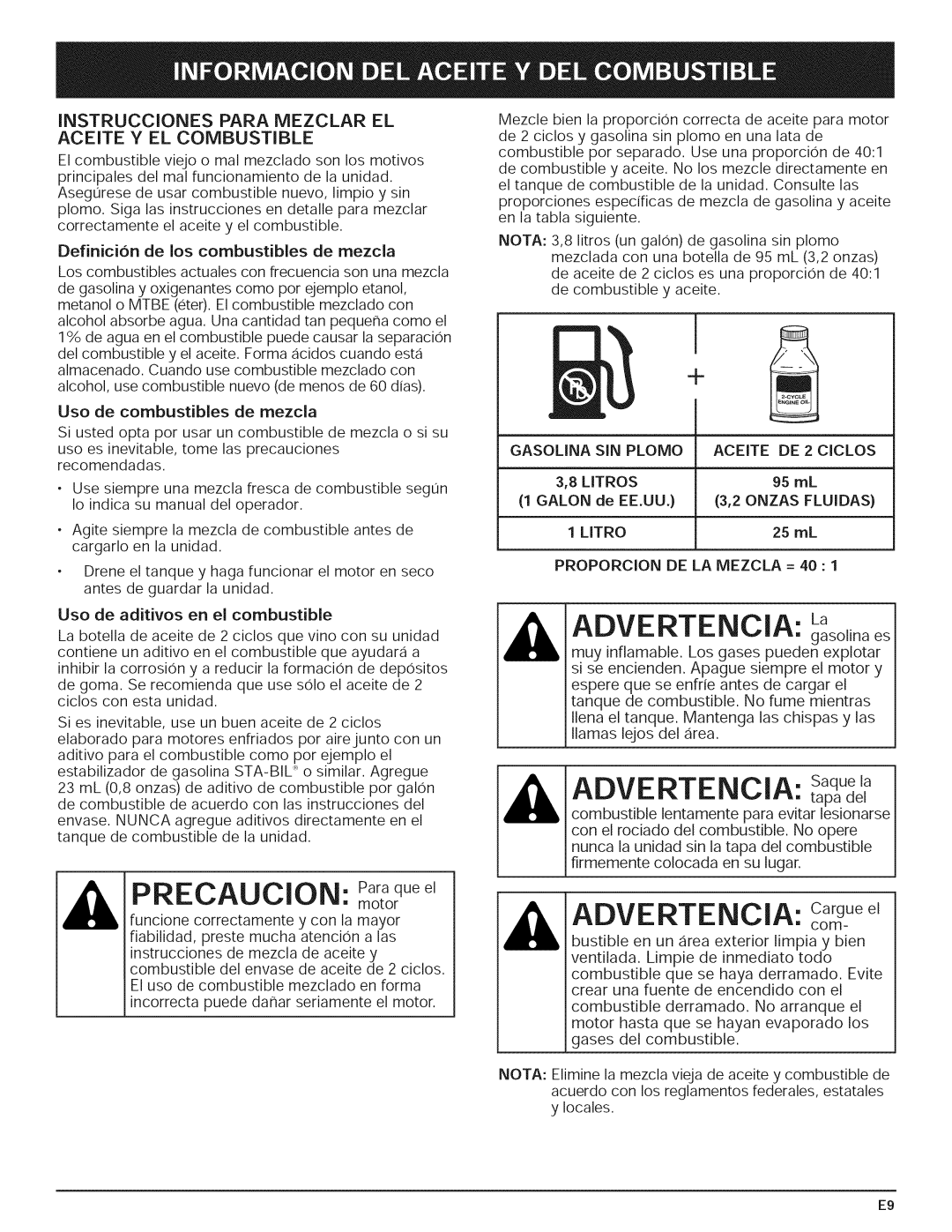 Yard-Man 769.01408 Precaucion Para que el, ADVEffTENCIA La, Advertencia Saque, Advertencia Cargue el, Gasolina SIN Plomo 