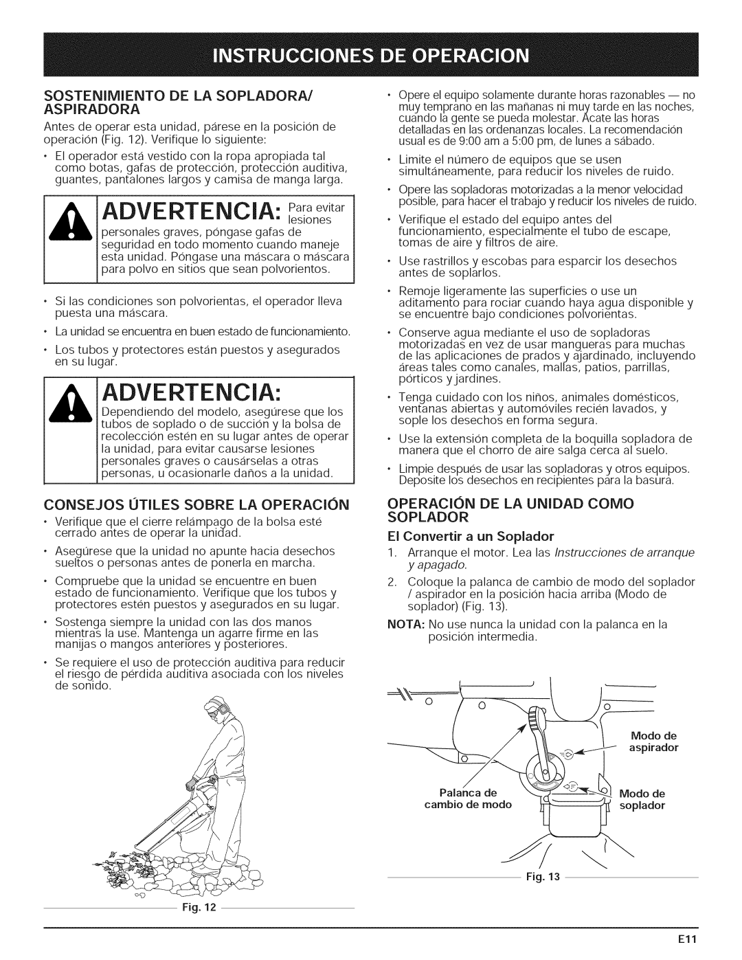 Yard-Man 769.01408 Advertencia Paraevitar, Sostenimiento DE LA SOPLADORA/ Aspiradora, Consejos Otiles Sobre LA Operacion 