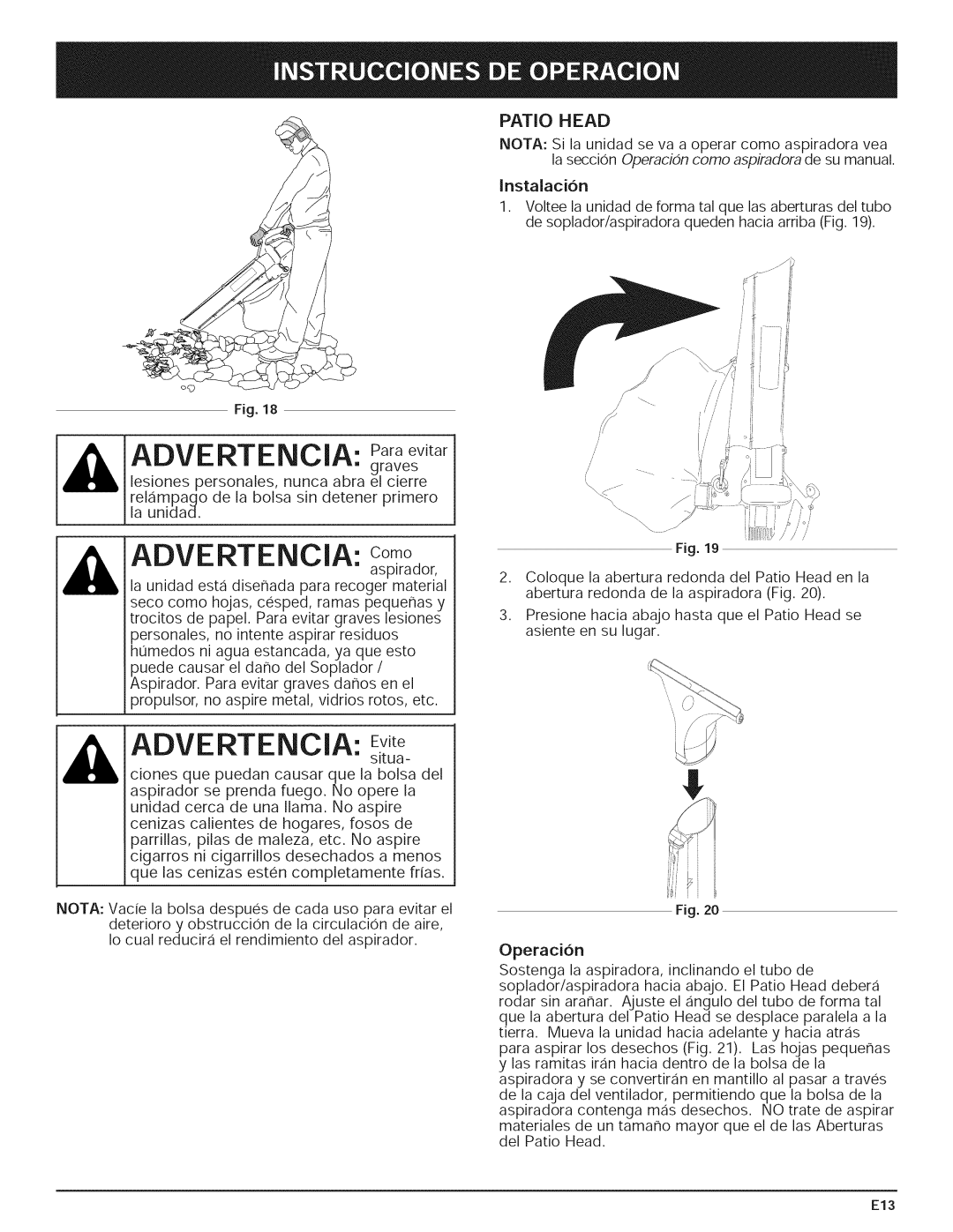 Yard-Man 769.01408 manual Advertencia Paraev tar, Advertencia Evite, Patio Head, Instalacion 