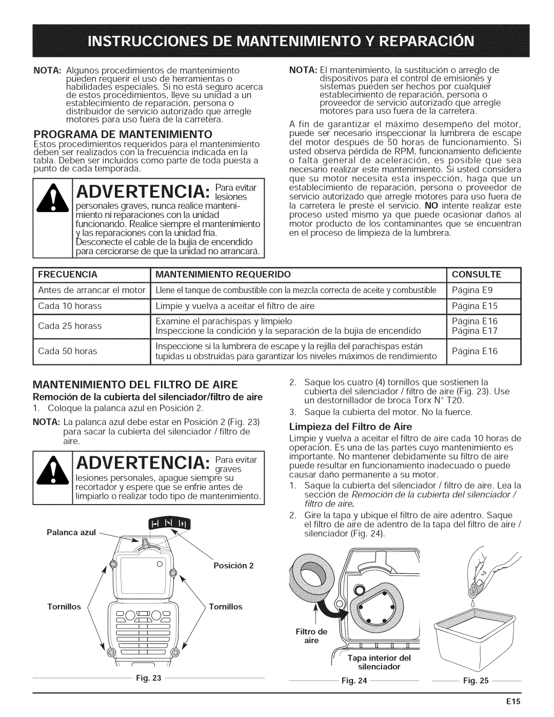 Yard-Man 769.01408 manual Paraevitar, Programa DE Mantenimiento, Mantenimiento DEL Filtro DE Aire, Inadecuado o puede 