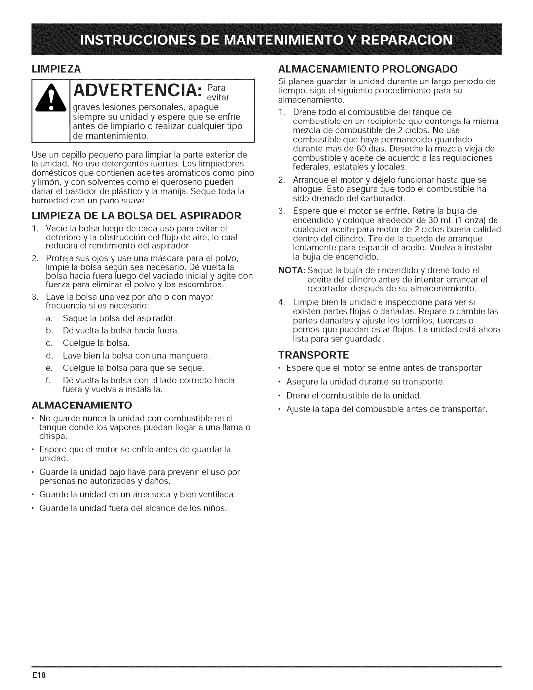 Yard-Man 769.01408 manual Advertencia Para, Limpieza DE LA Bolsa DEL Aspirador, Almacenamiento Prolongado 