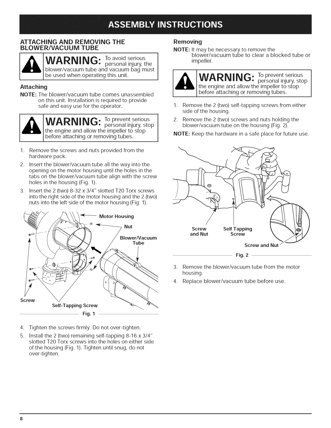 Yard-Man 769.01408 manual Attaching and Removing BLOWER/VACUUM Tube 