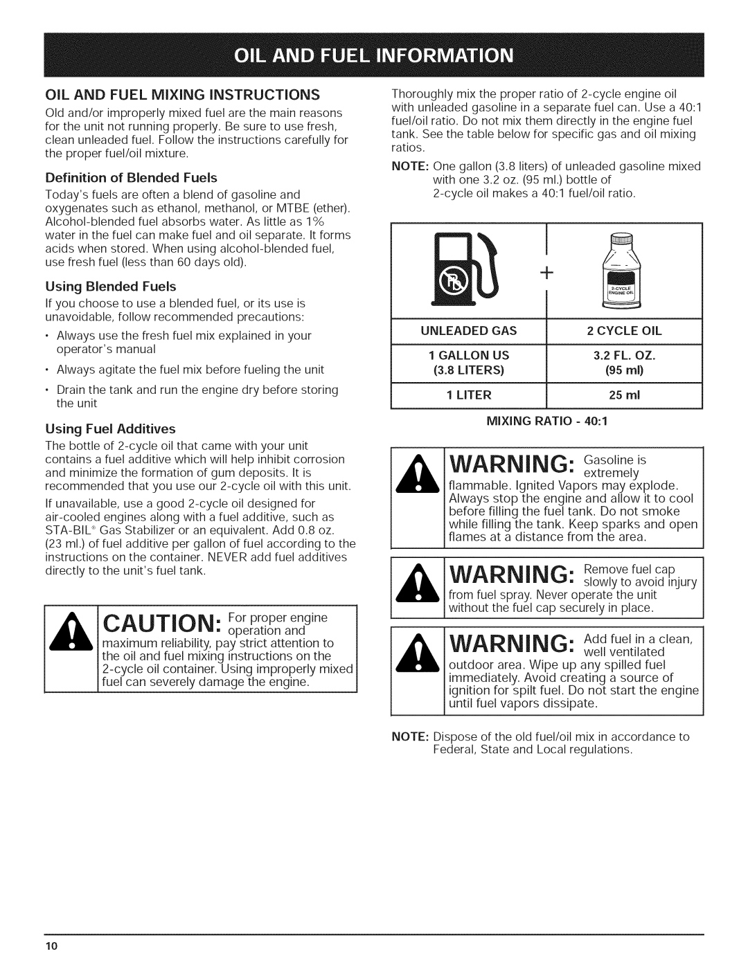 Yard-Man 769.01408 manual CAUTION Forproperengine, Oil And Fuel Mixing Instructions 