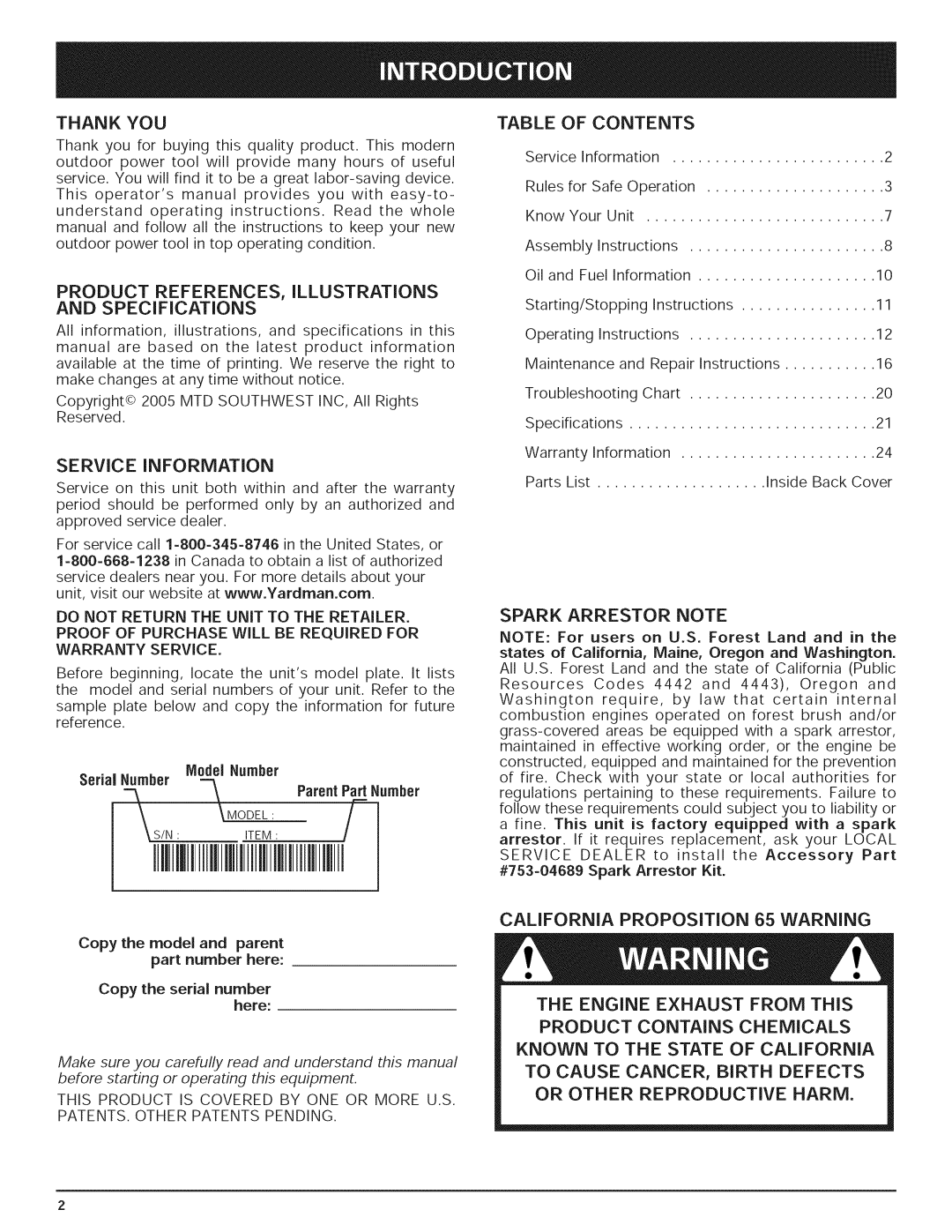 Yard-Man 769.01408 Thank You, Service Information, Table, Of Contents, Spark Arrestor Note, Or Other Reproductive Harm 