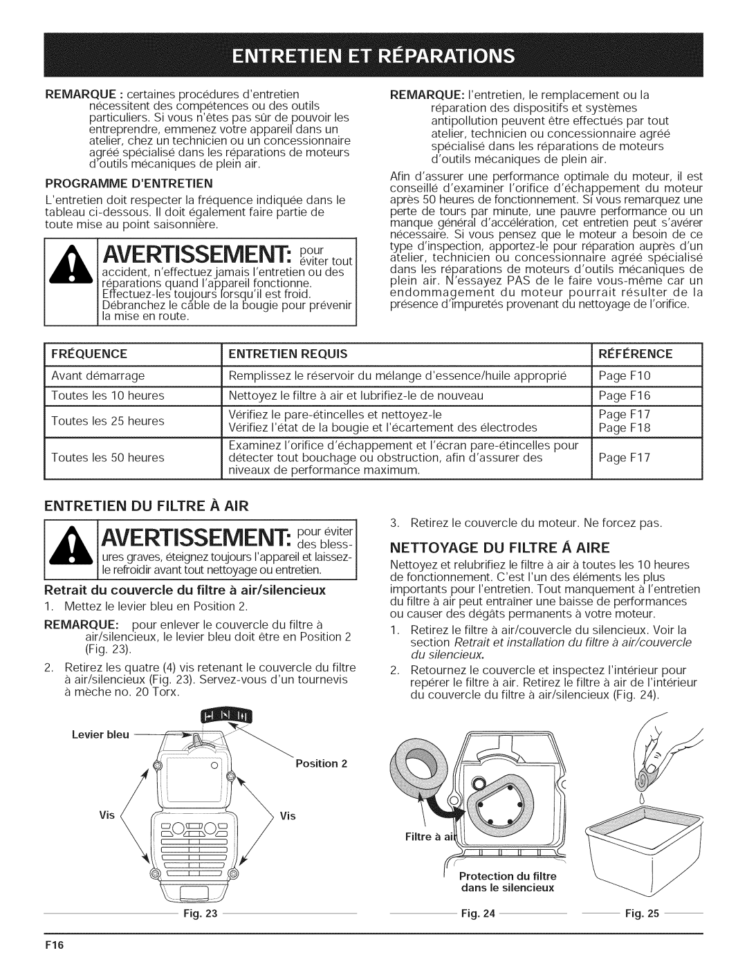 Yard-Man 769.01408 manual AVERTISSEMENT: poureviter, Nettoyage Du Filtre A Aire 