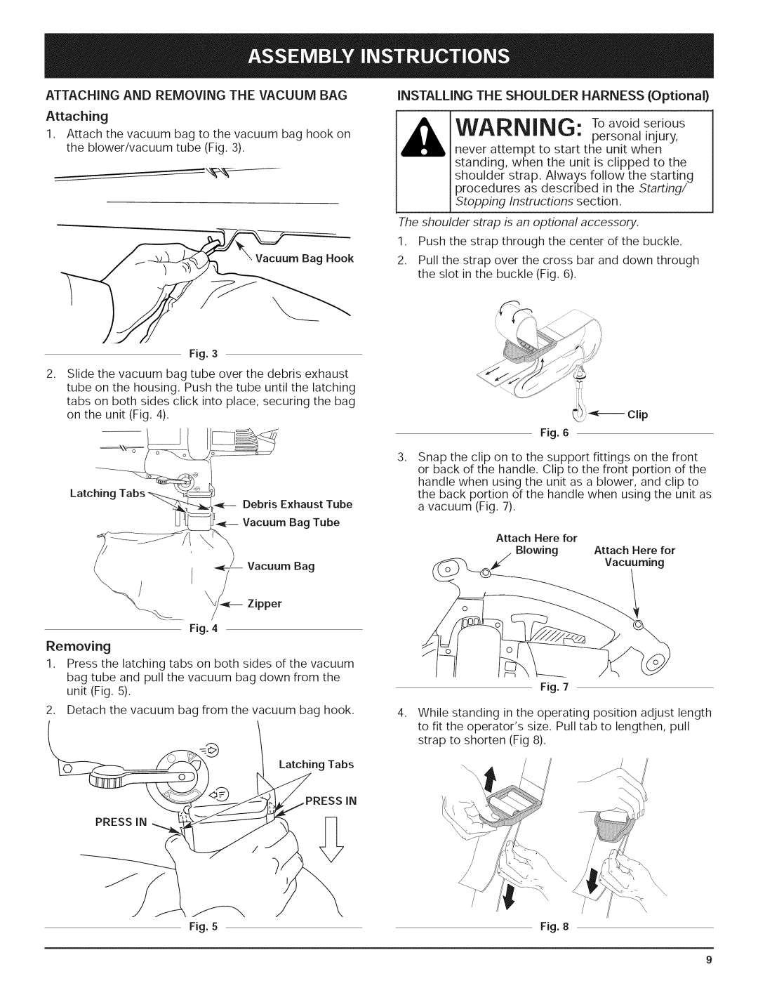 Yard-Man 769.01408 manual WARNING: Toavoidserious, ATTACHINGAND REMOVINGTHEVACUUMBAG Attaching 
