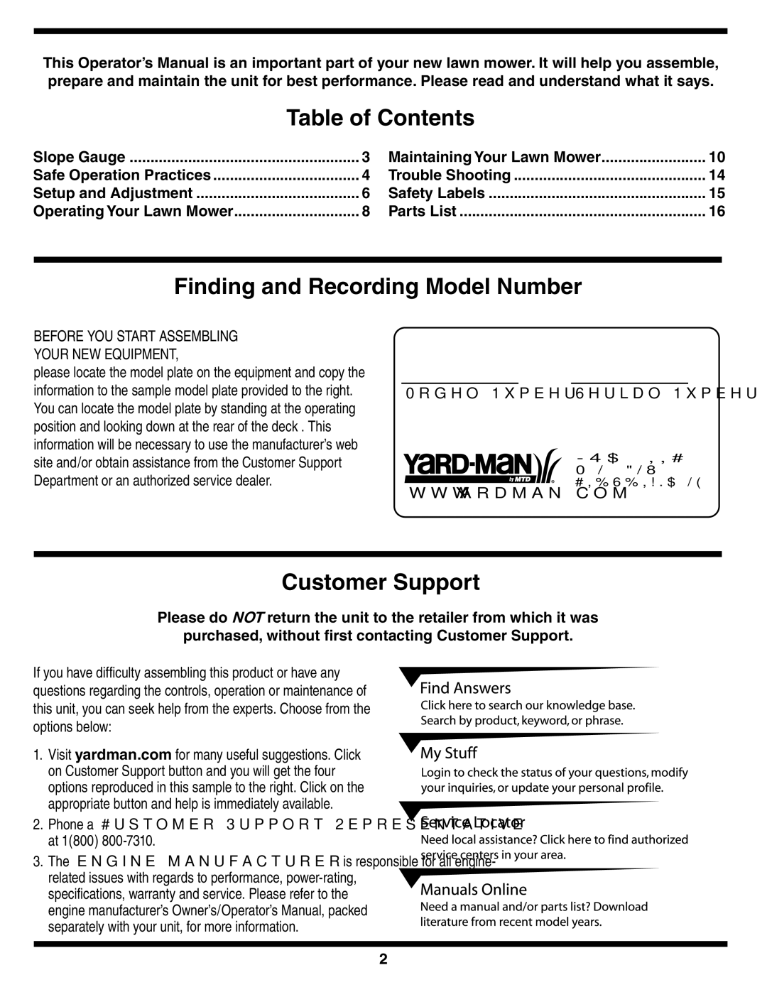 Yard-Man 829 warranty Table of Contents, Finding and Recording Model Number, Customer Support 