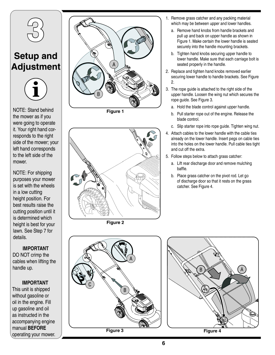 Yard-Man 829 warranty Setup Adjustment, Important do not crimp the cables when lifting the handle up 