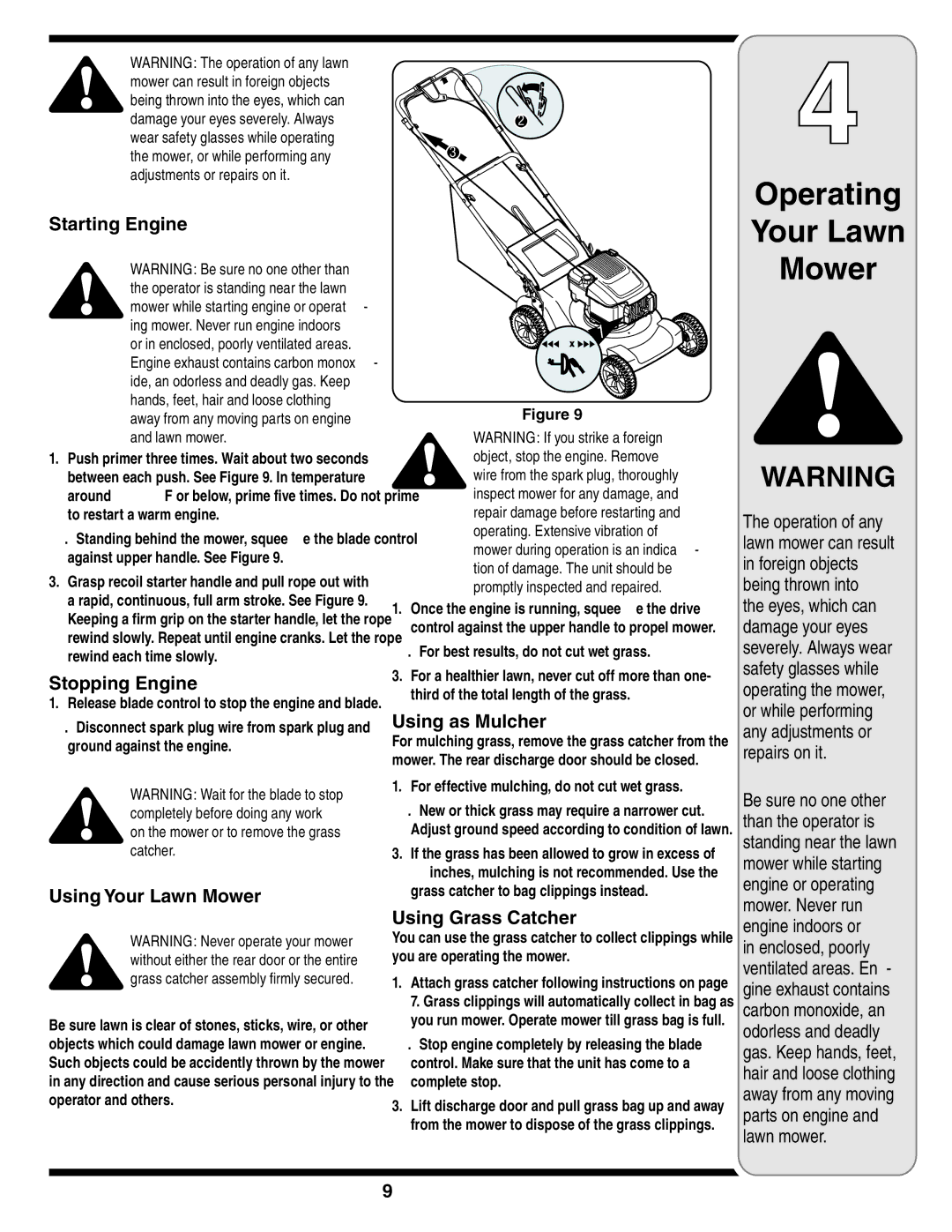 Yard-Man 829 warranty Starting Engine, Stopping Engine, Using Your Lawn Mower, Using as Mulcher, Using Grass Catcher 