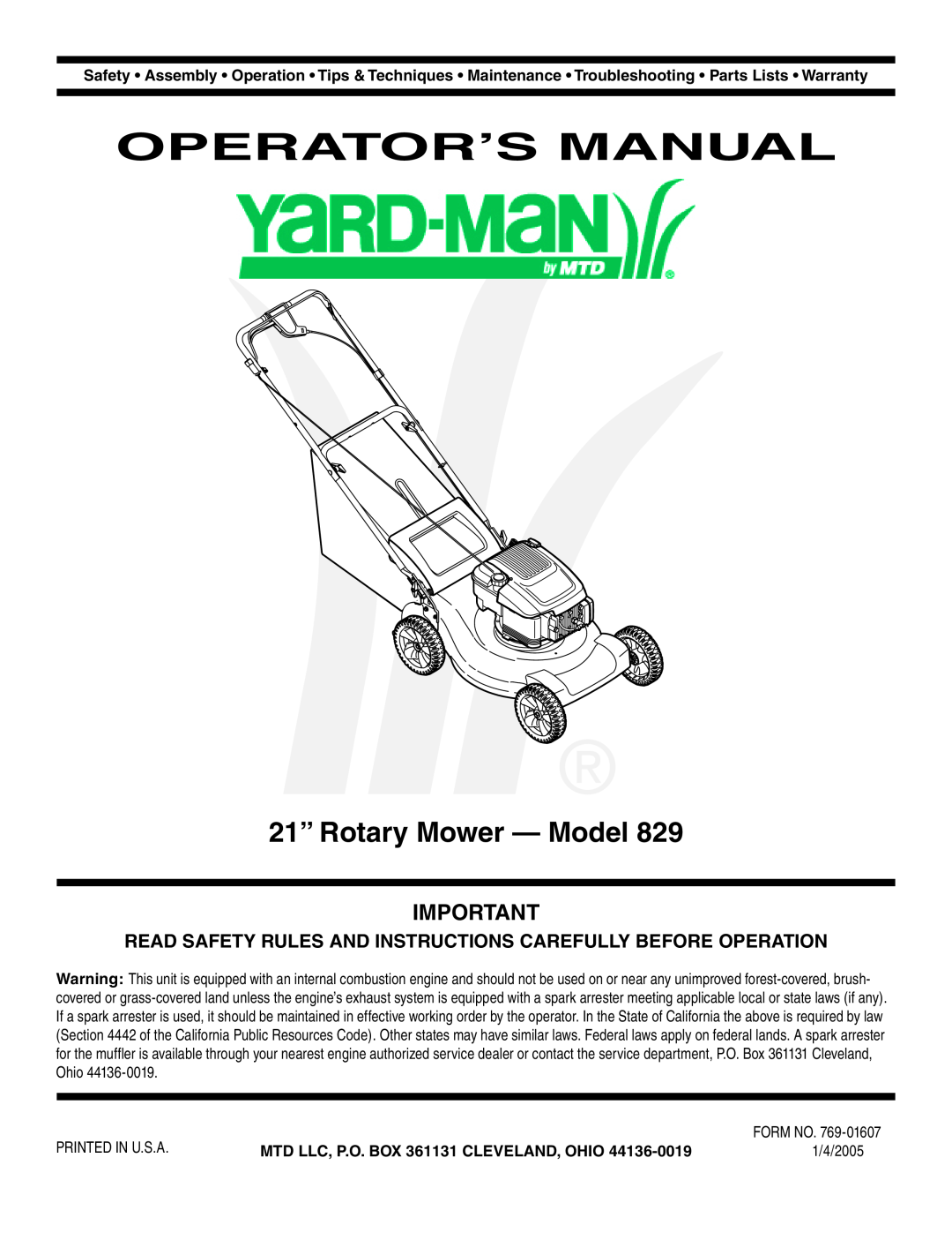 Yard-Man 829 warranty Operator’S Manual, 21” Rotary Mower - Model, MTD LLC, P.O. BOX 361131 CLEVELAND, OHIO 