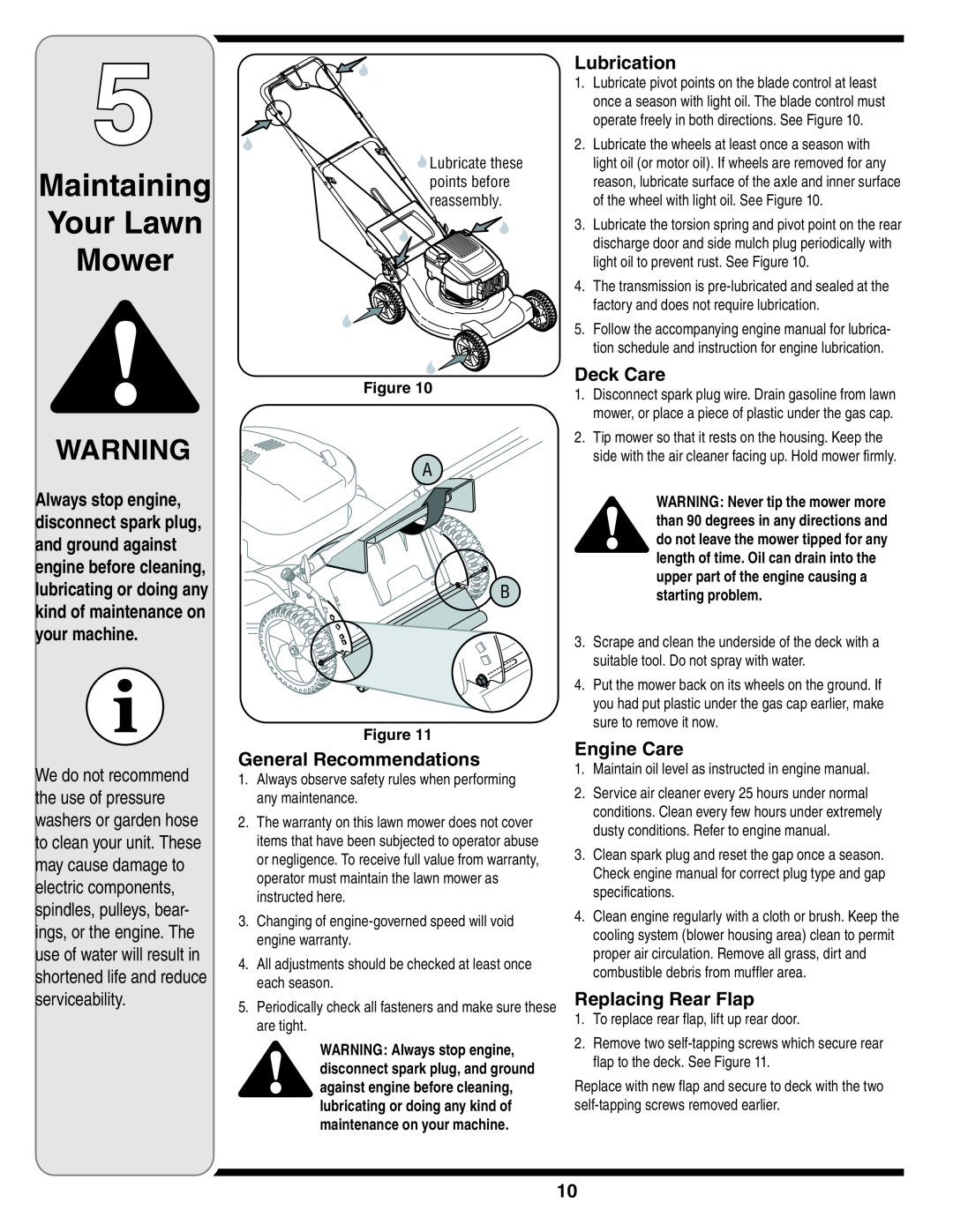 Yard-Man 829 warranty Maintaining Your Lawn Mower, General Recommendations, Lubrication, Deck Care, Engine Care 
