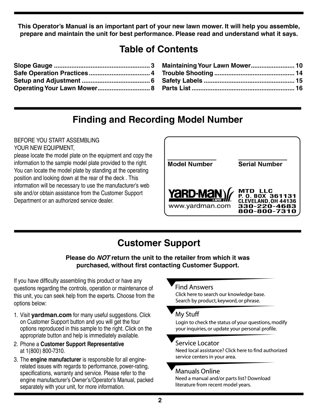 Yard-Man 829 warranty Table of Contents, Finding and Recording Model Number, Customer Support, Serial Number 