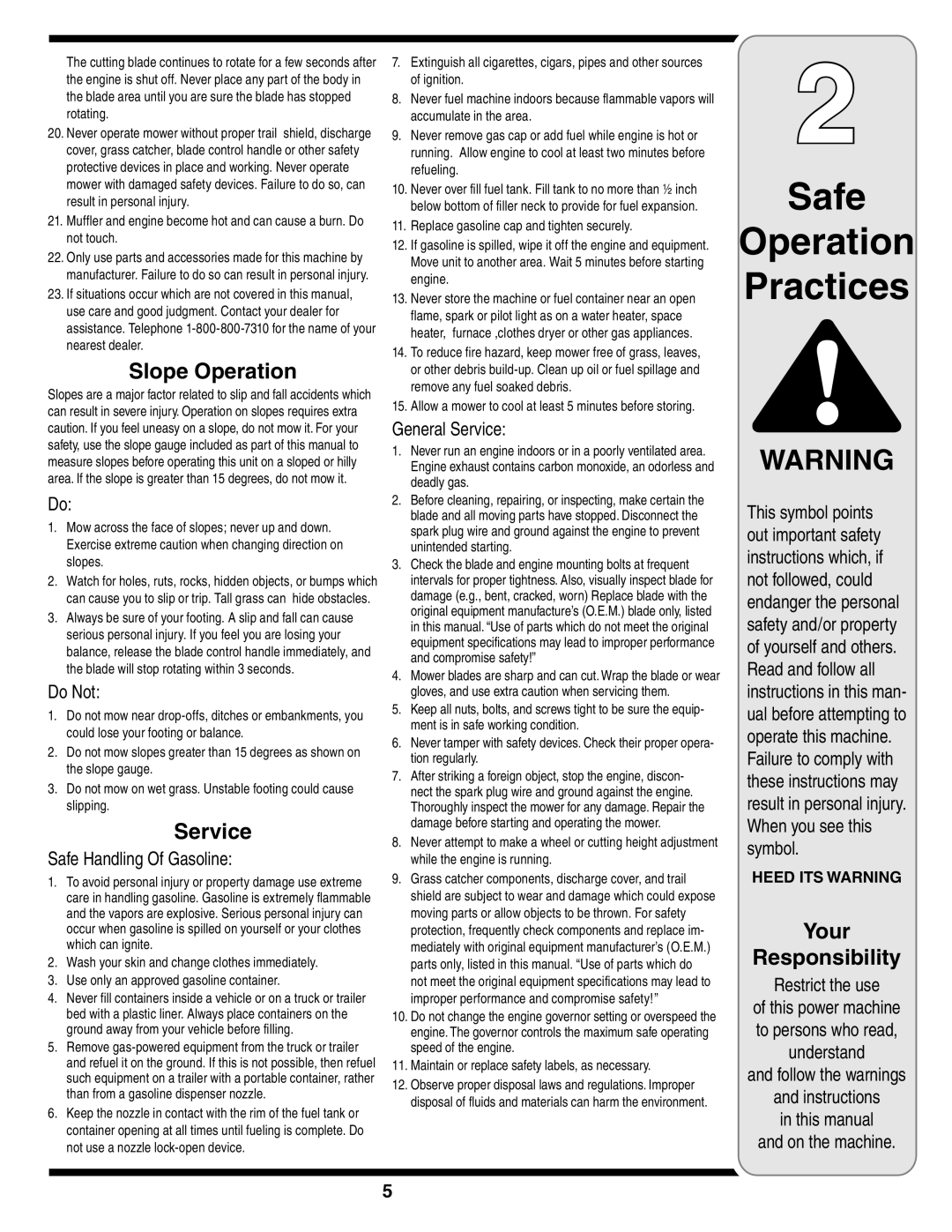 Yard-Man 829 warranty Safe Operation Practices, Slope Operation, Do Not, Safe Handling Of Gasoline, General Service 