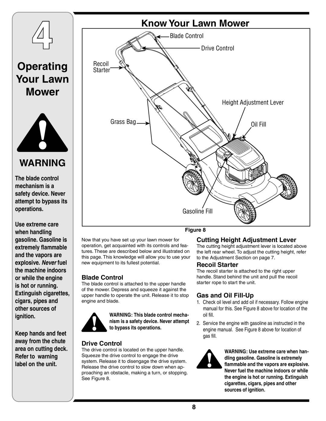 Yard-Man 829 Operating Your Lawn Mower, Know Your Lawn Mower, Blade Control, Drive Control, Recoil, Starter, Grass Bag 