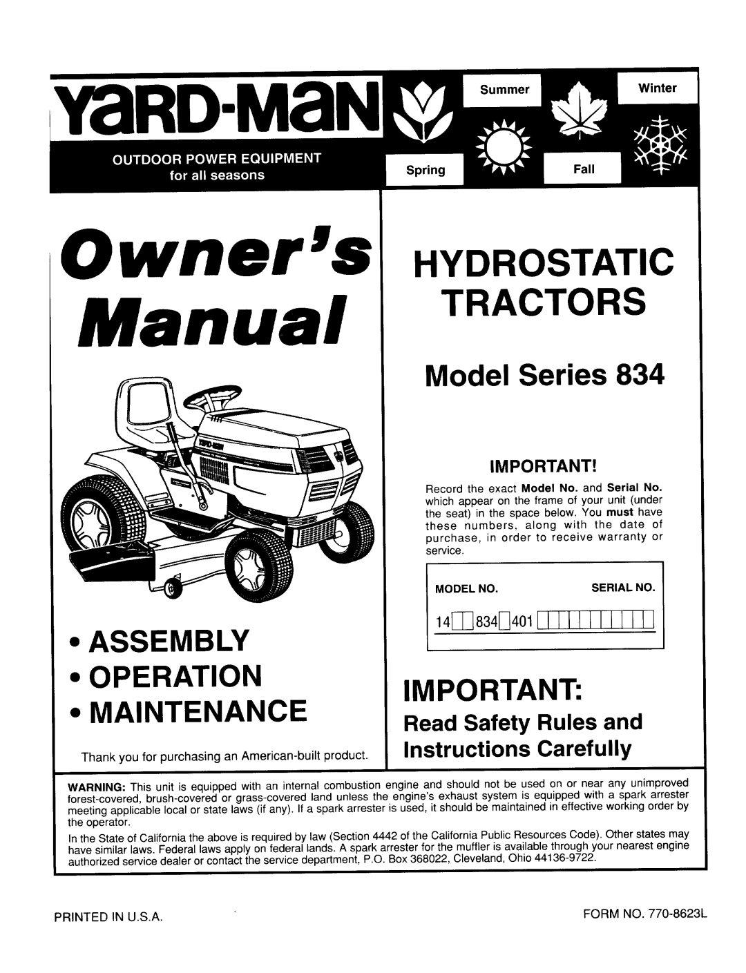 Yard-Man 834 manual 