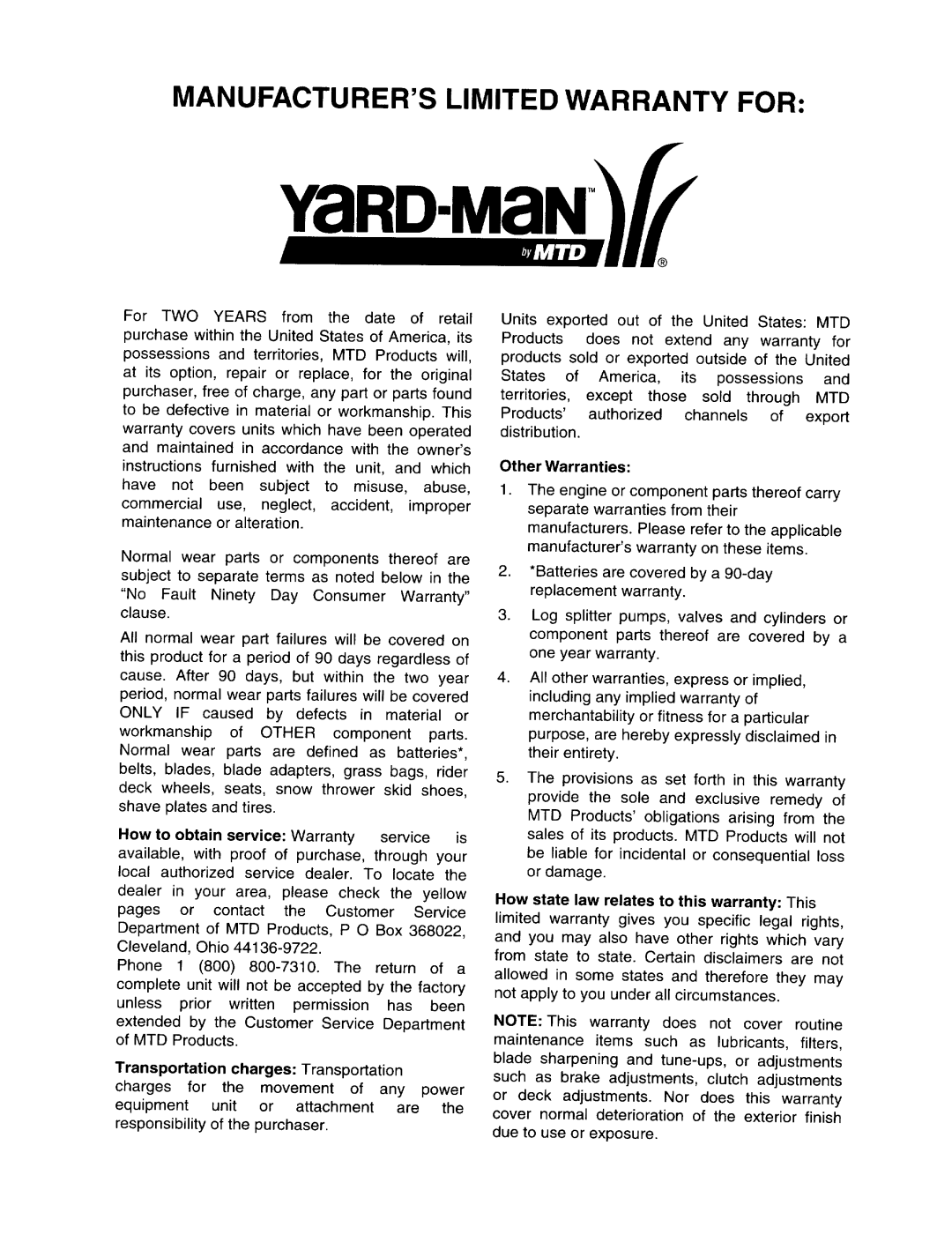 Yard-Man 844 manual 