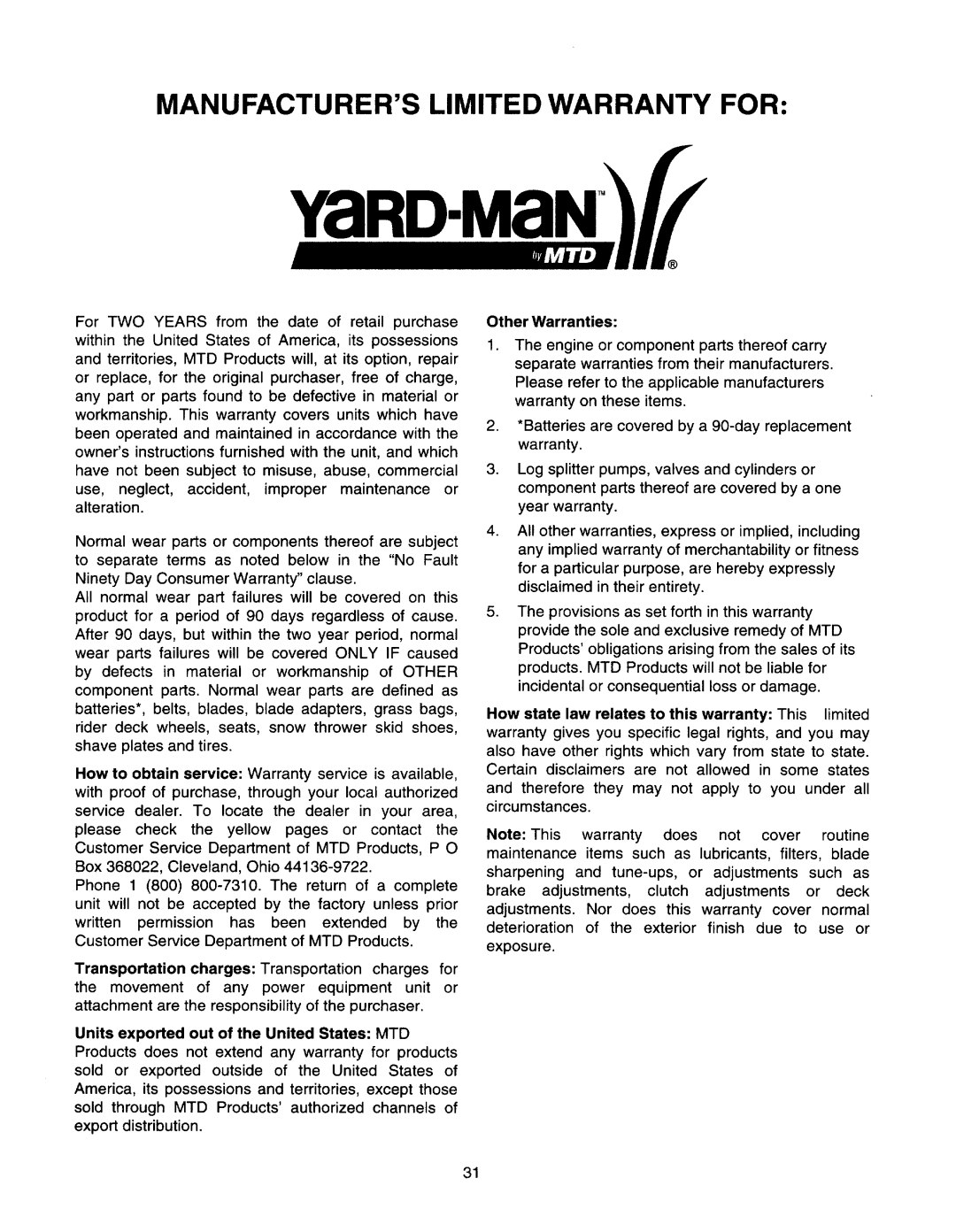 Yard-Man E970-E979, 970-979, 950-959 manual 