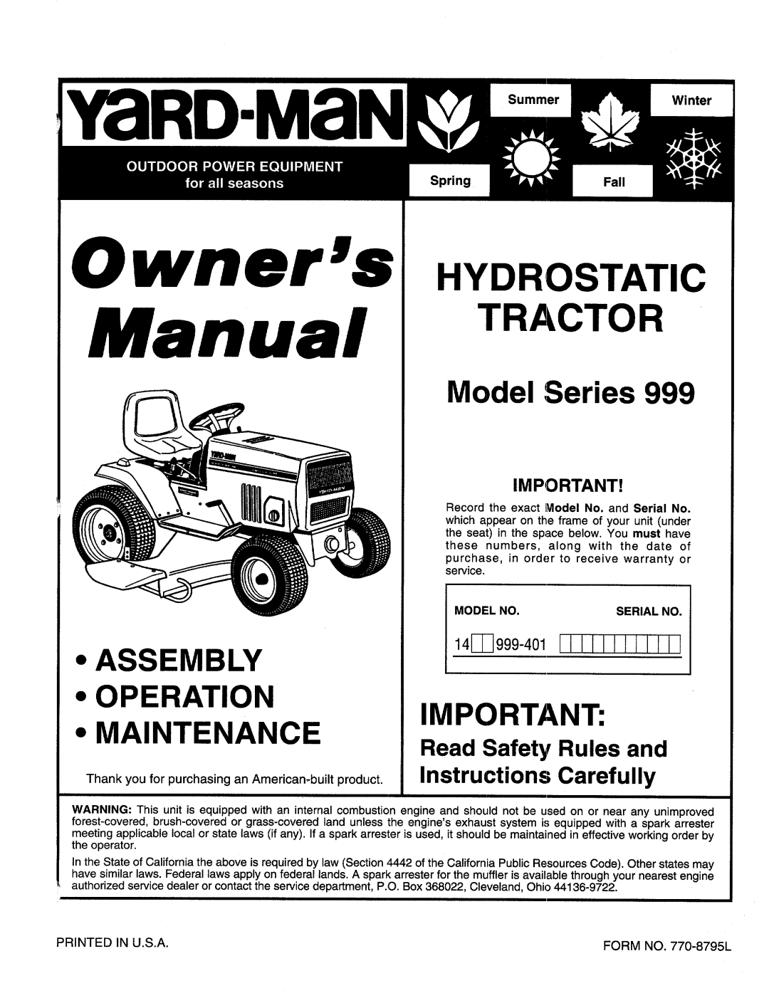 Yard-Man 999 manual 