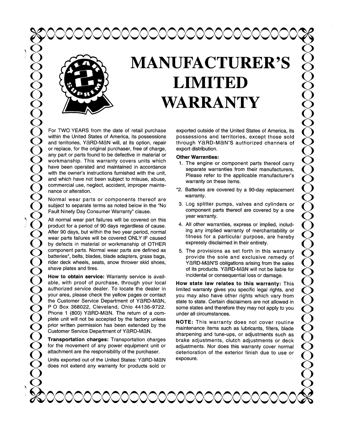 Yard-Man 999 manual 