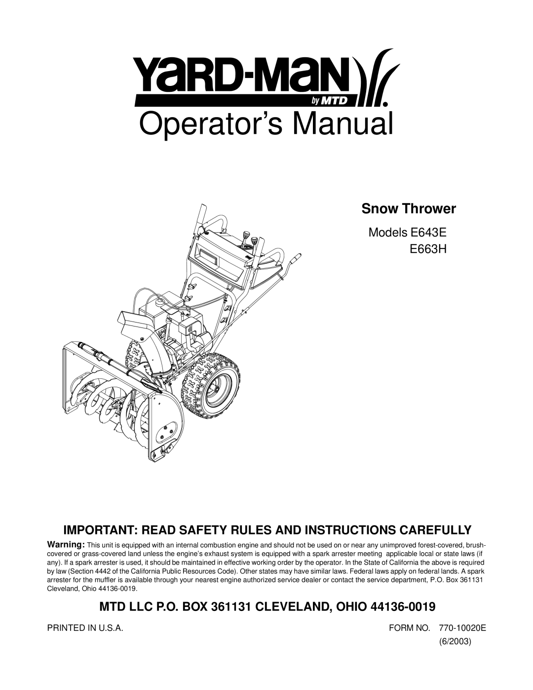 Yard-Man E643E, E663H manual Operator’s Manual 