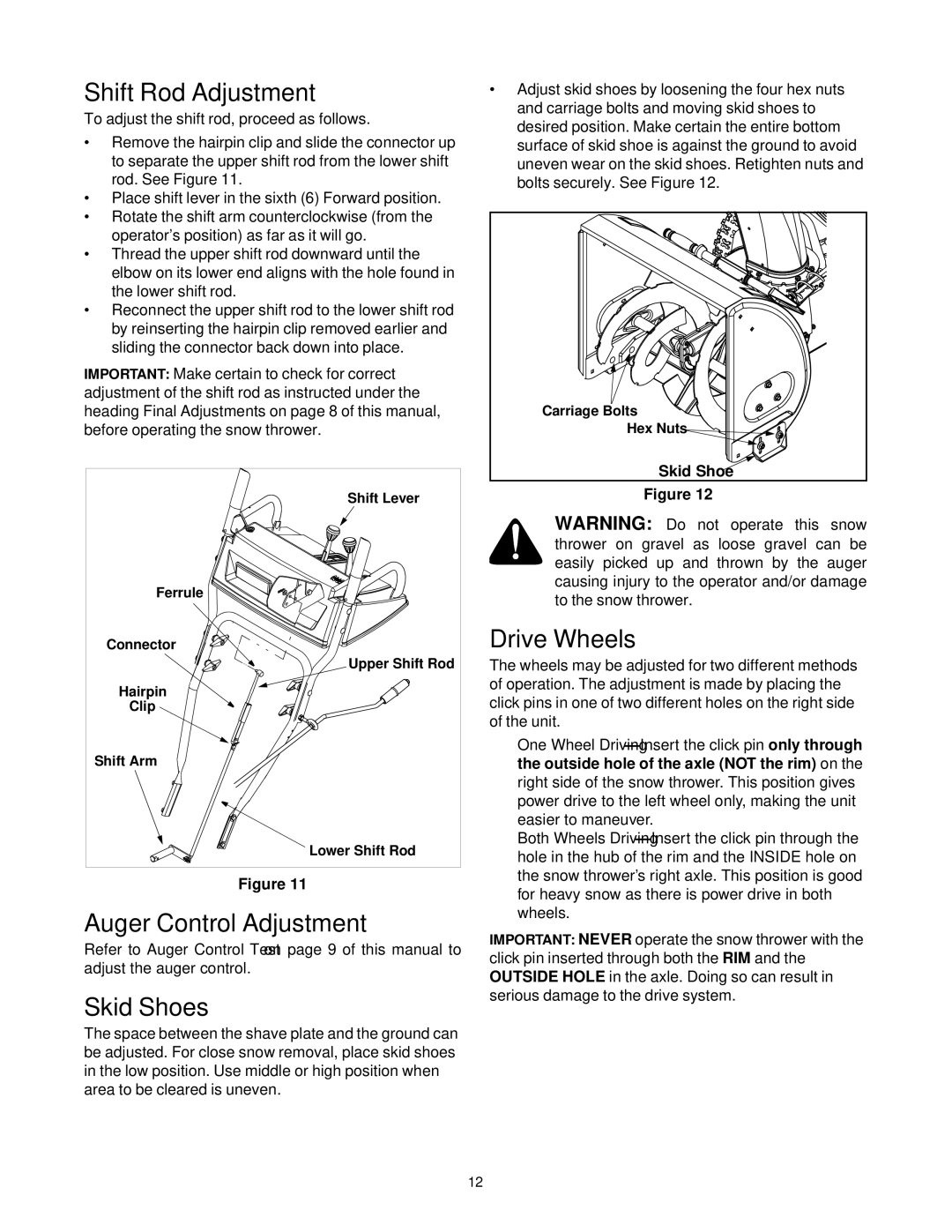 Yard-Man E663H, E643E manual Shift Rod Adjustment, Auger Control Adjustment, Skid Shoes, Drive Wheels 