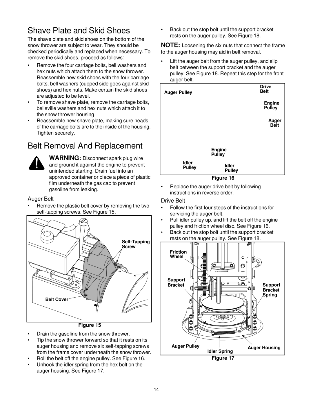 Yard-Man E663H, E643E manual Shave Plate and Skid Shoes, Belt Removal And Replacement, Auger Belt, Drive Belt 