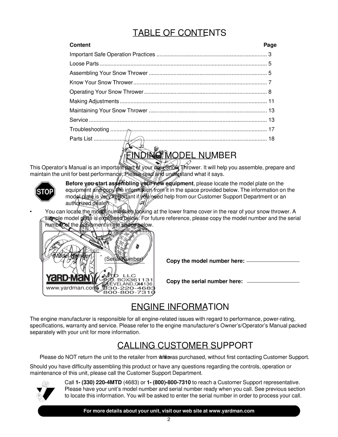 Yard-Man E663H, E643E manual Table of Contents 