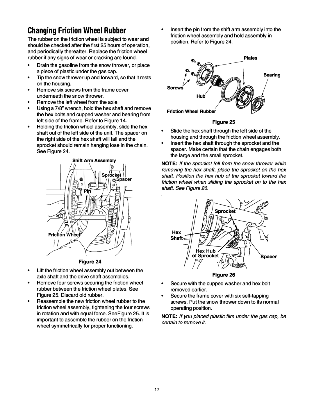 Yard-Man OGST-2806 manual Changing Friction Wheel Rubber, Sprocket Hex Shaft 