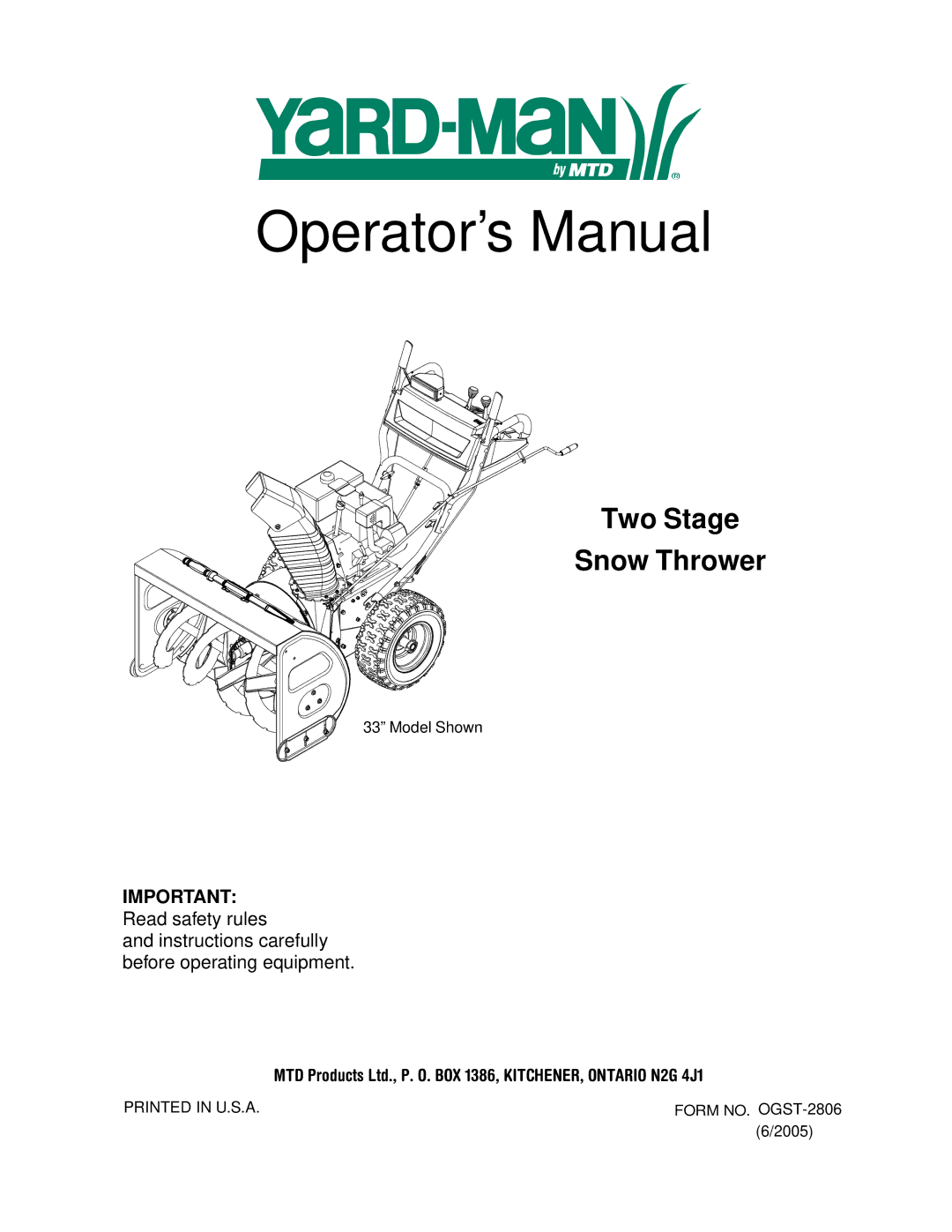 Yard-Man OGST-2806 manual Operator’s Manual 