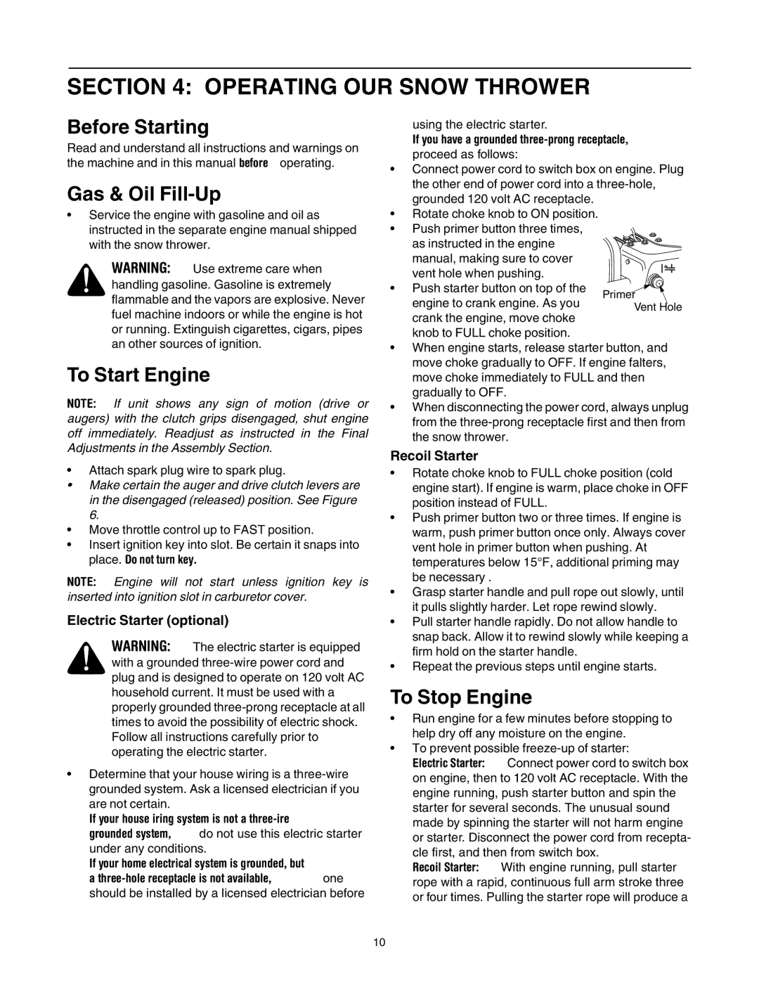 Yard-Man OGST-2806 manual Operating Your Snow Thrower, Before Starting, Gas & Oil Fill-Up, To Start Engine, To Stop Engine 