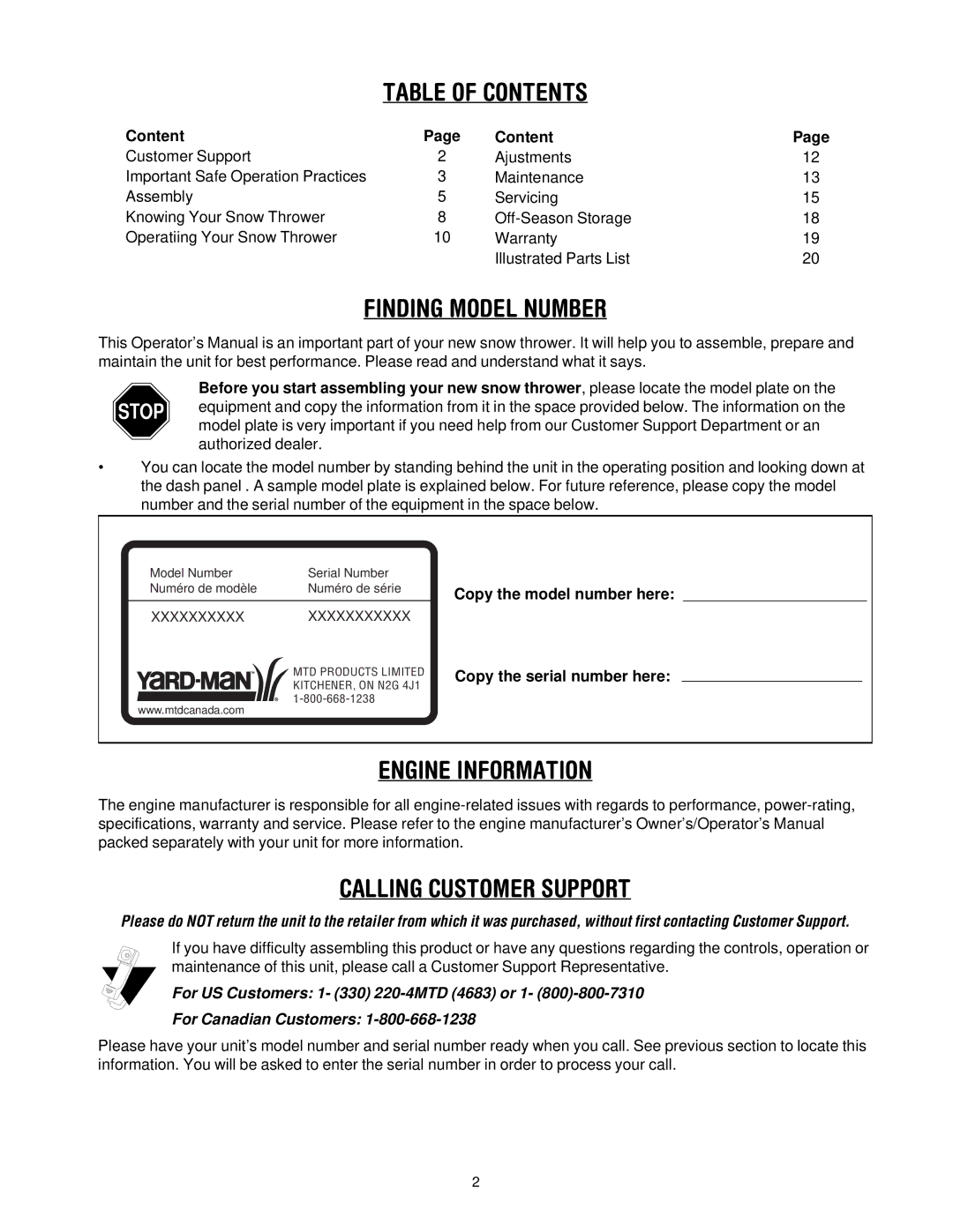 Yard-Man OGST-2806 manual Table of Contents 