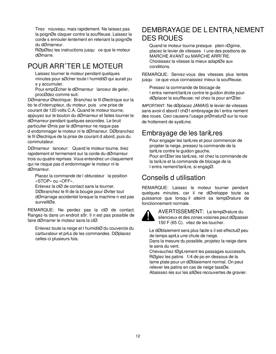 Yard-Man OGST-2806 manual ’utilisation Conseils, Tarières les de Embrayage 