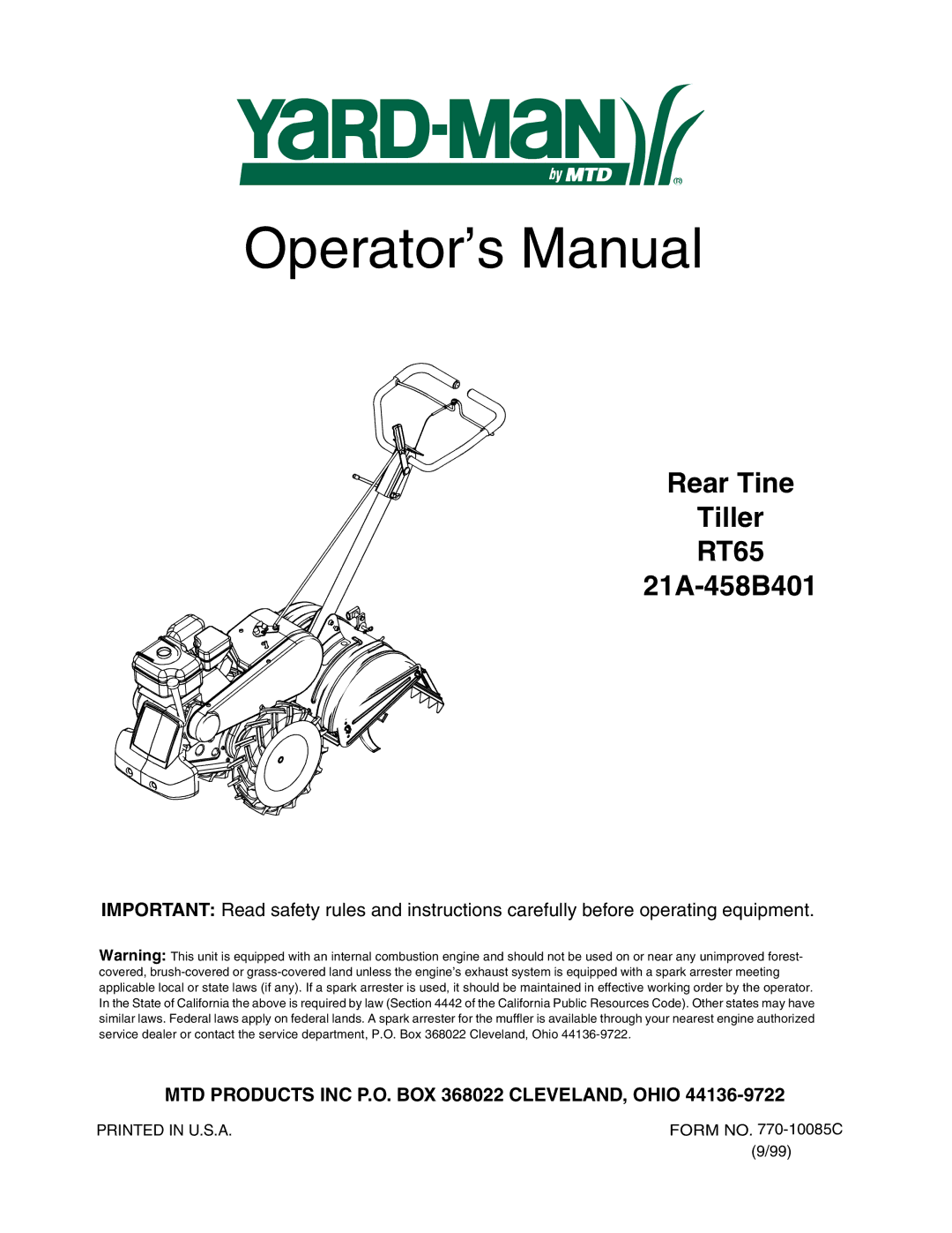 Yard-Man RT65 manual Operator’s Manual 