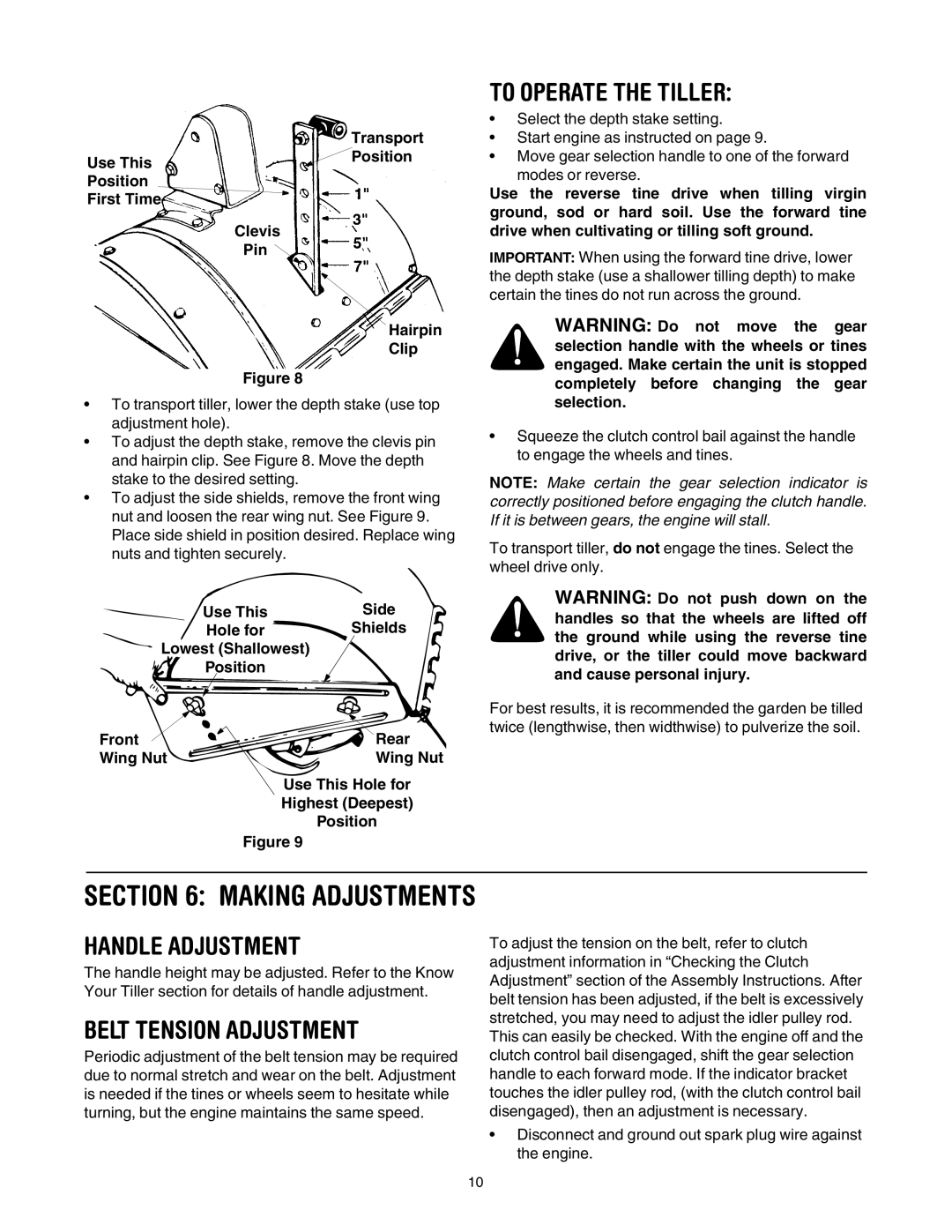 Yard-Man RT65 manual Making Adjustments, To Operate the Tiller, Belt Tension Adjustment 